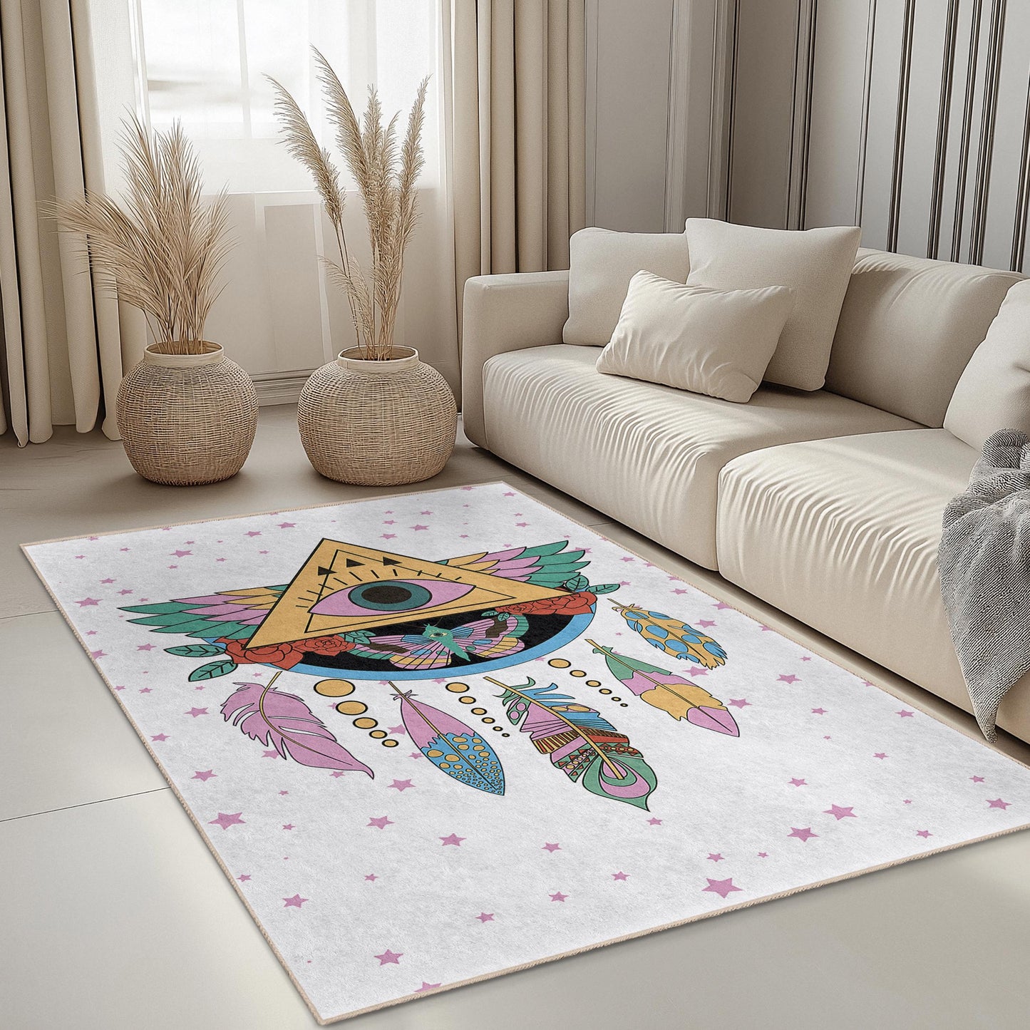 Mystical Eye and Feather Pattern Rectangular Rug, Bohemian Home Decor, Artistic Area Rug, Living Room Carpet, Unique Floor Mat