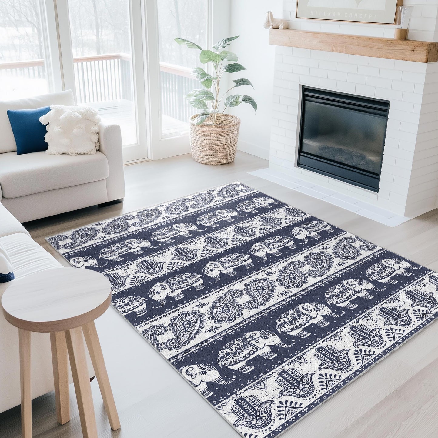 Navy Elephant Pattern Rectangular Area Rug, Decorative Elephant Rug for Living Room, Bohemian Home Decor, Stylish Area Rug