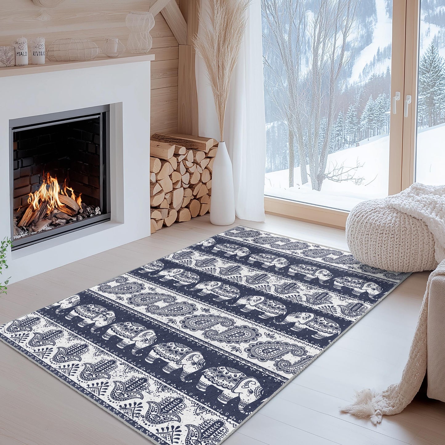 Navy Elephant Pattern Rectangular Area Rug, Decorative Elephant Rug for Living Room, Bohemian Home Decor, Stylish Area Rug