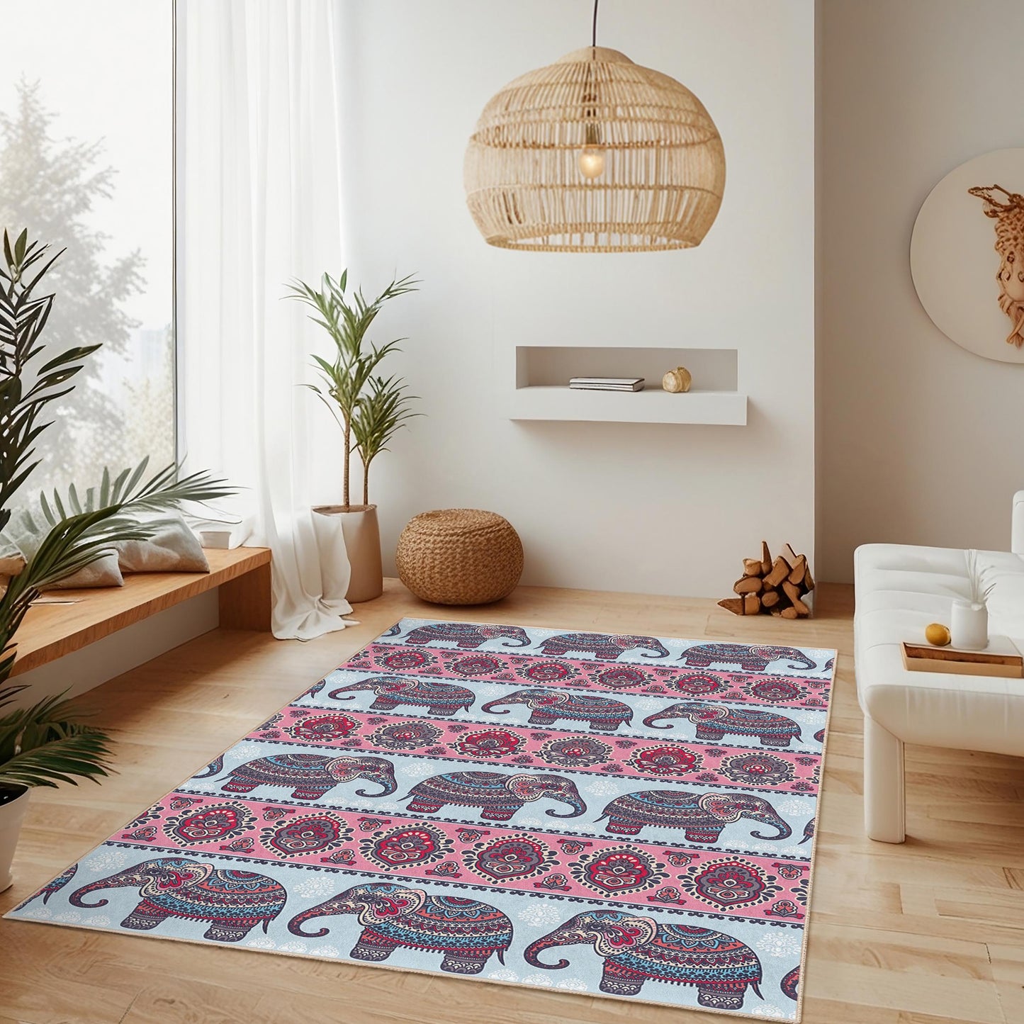 Elephant Pattern Rectangular Rug, Boho Chic Decorative Carpet, Living Room Area Rug, Pink and Blue Elephant Design, Unique Home Decor