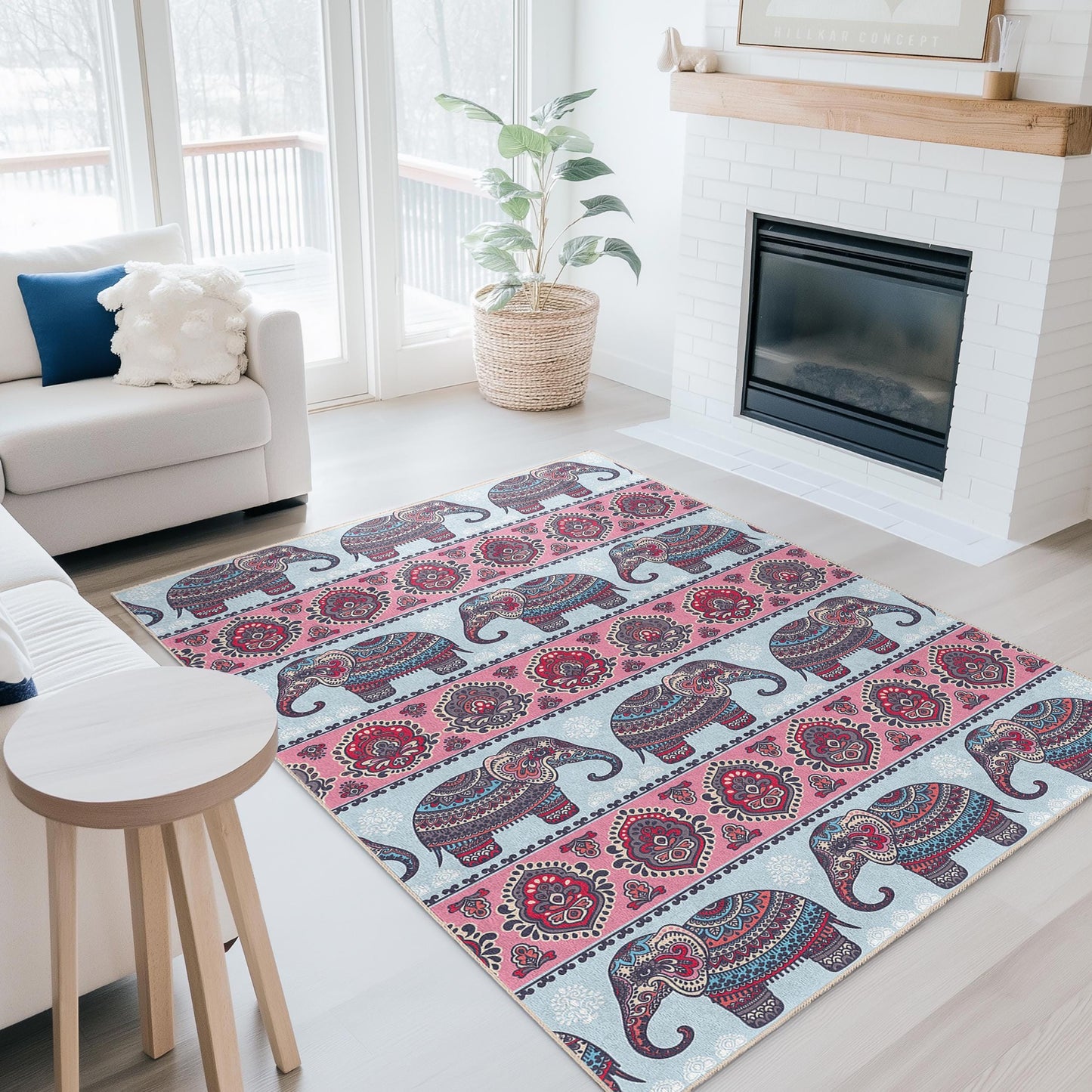 Elephant Pattern Rectangular Rug, Boho Chic Decorative Carpet, Living Room Area Rug, Pink and Blue Elephant Design, Unique Home Decor