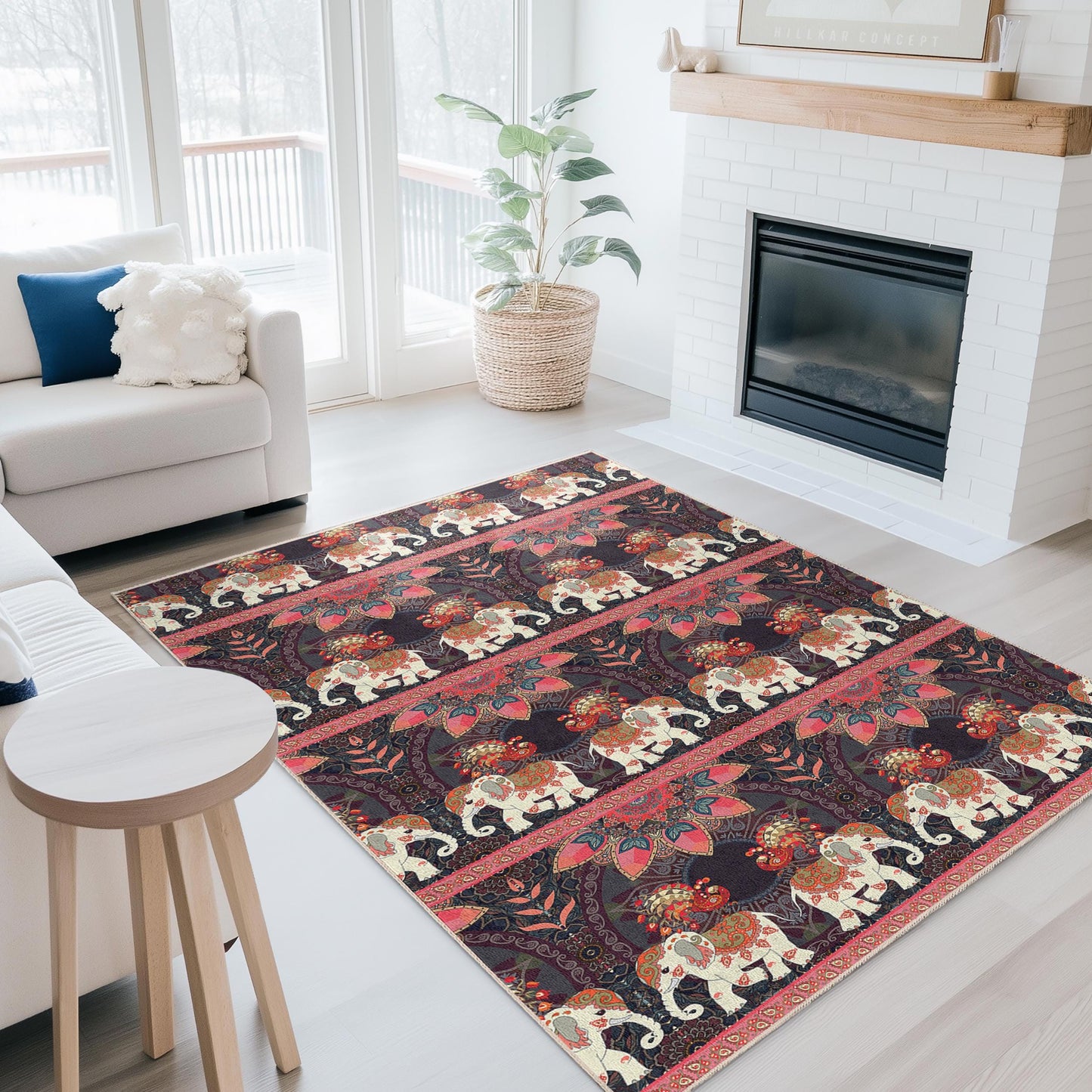 Bohemian Elephant Pattern Rectangular Area Rug, Colorful Elephant Rug, Living Room Carpet, Unique Home Decor, Ethnic Design Rug
