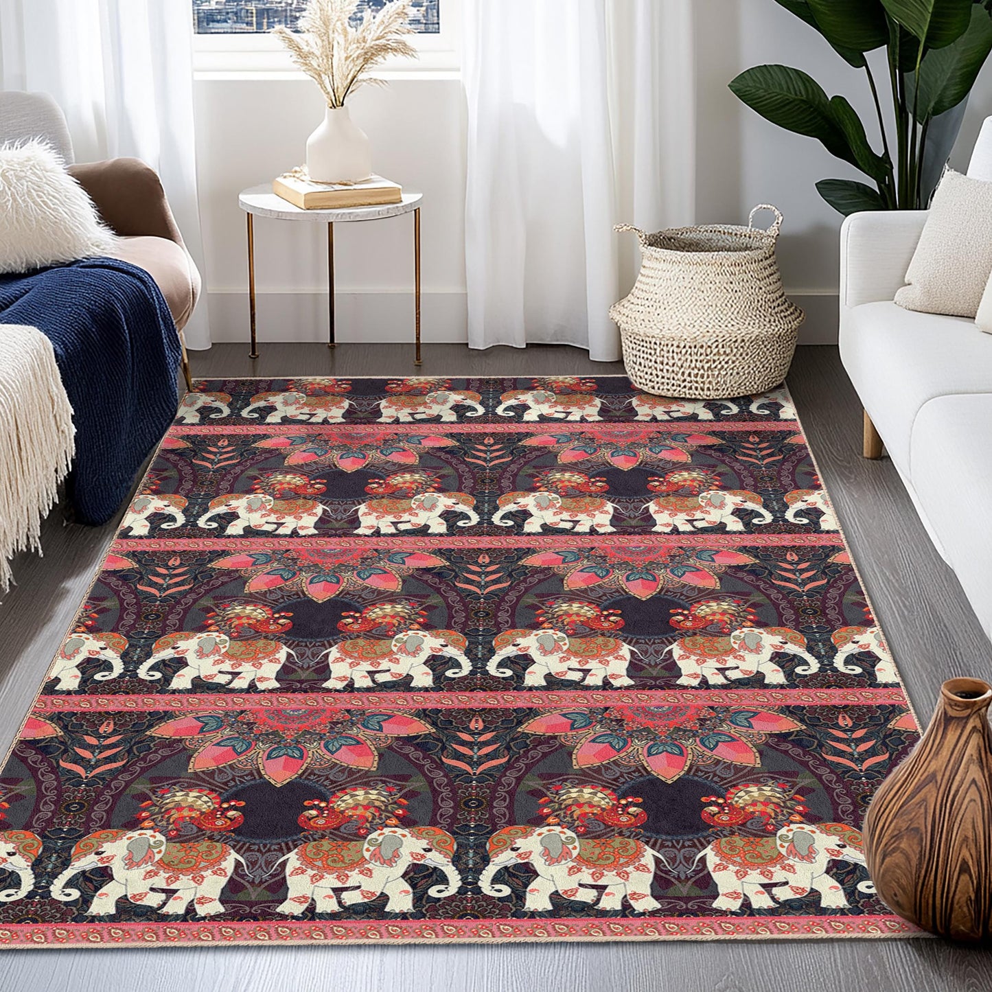 Bohemian Elephant Pattern Rectangular Area Rug, Colorful Elephant Rug, Living Room Carpet, Unique Home Decor, Ethnic Design Rug