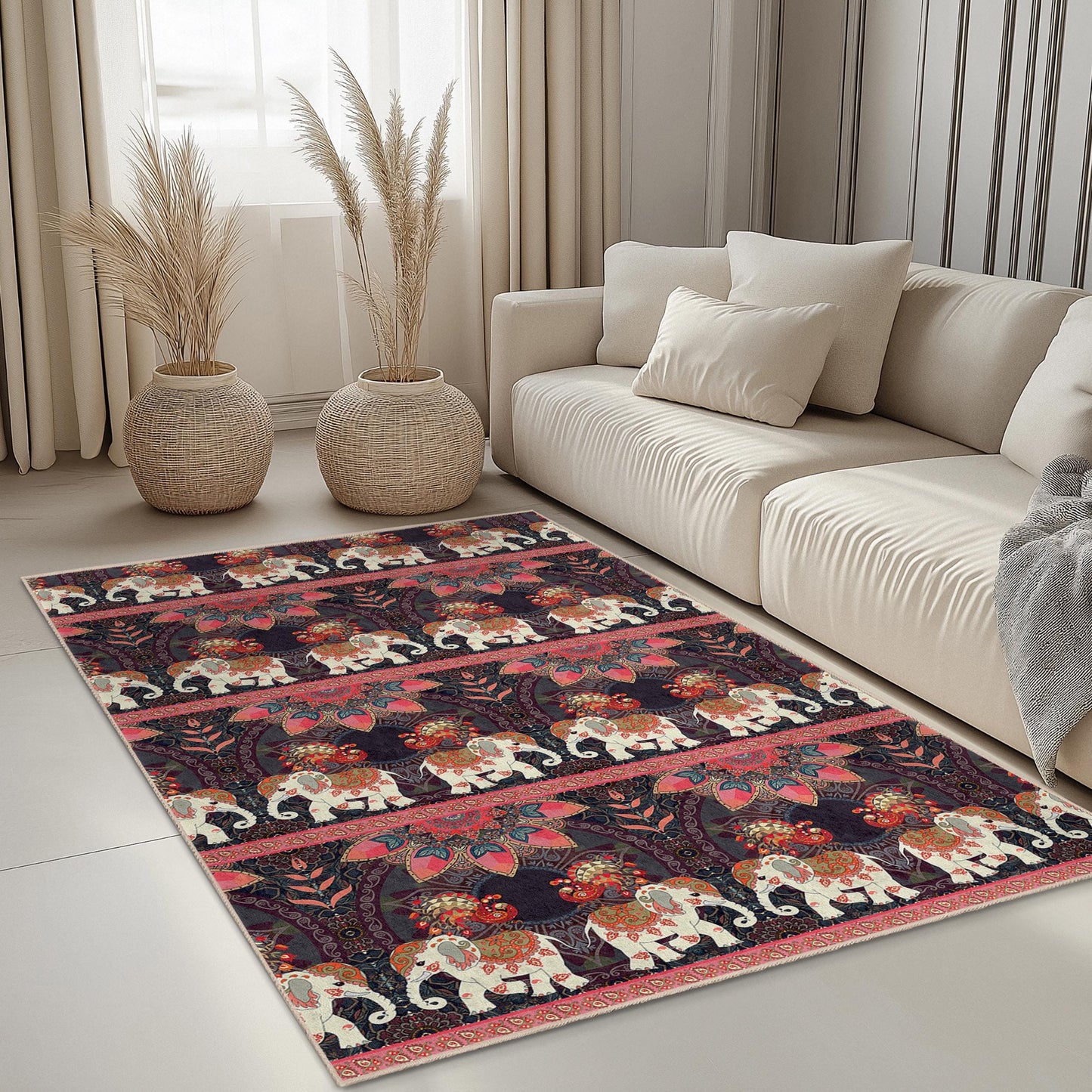 Bohemian Elephant Pattern Rectangular Area Rug, Colorful Elephant Rug, Living Room Carpet, Unique Home Decor, Ethnic Design Rug