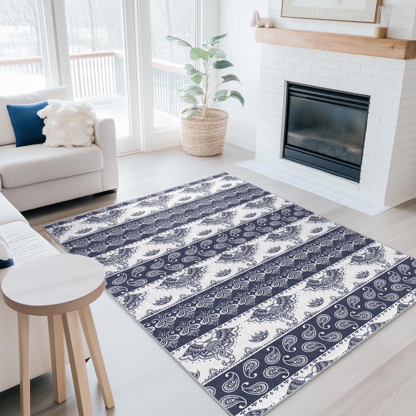 Elegant Elephant Pattern Rectangular Area Rug, Navy Blue Bohemian Carpet, Living Room Decor, Soft Floor Mat, Home Design