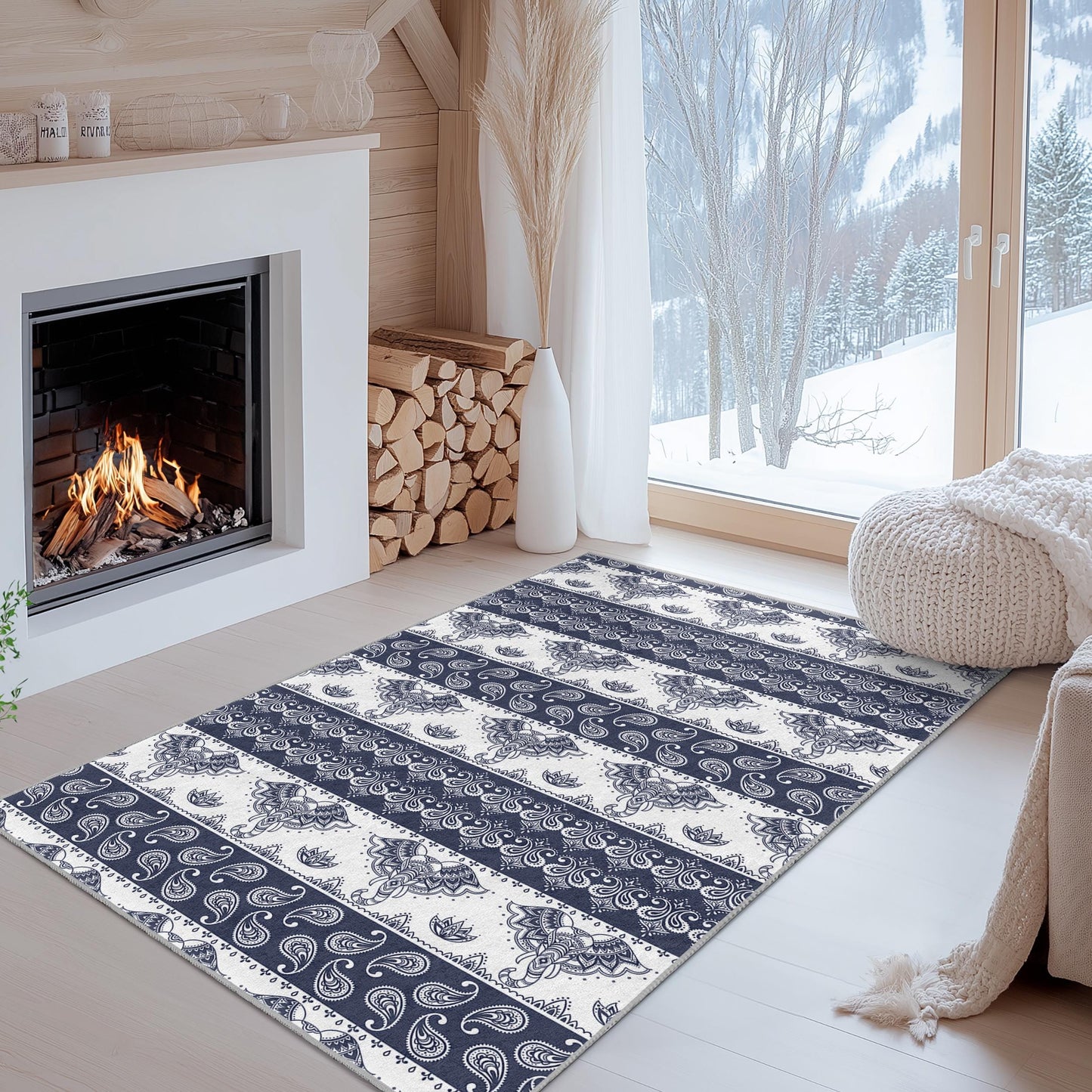 Elegant Elephant Pattern Rectangular Area Rug, Navy Blue Bohemian Carpet, Living Room Decor, Soft Floor Mat, Home Design