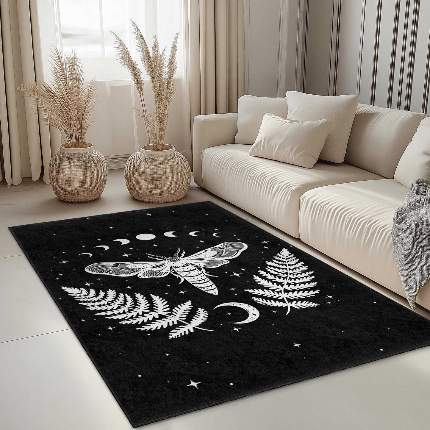 Mystical Moth and Fern Rectangle Area Rug, Bohemian Black and White Rug, Dark Decor Rug for Living Room, Unique Home Decoration