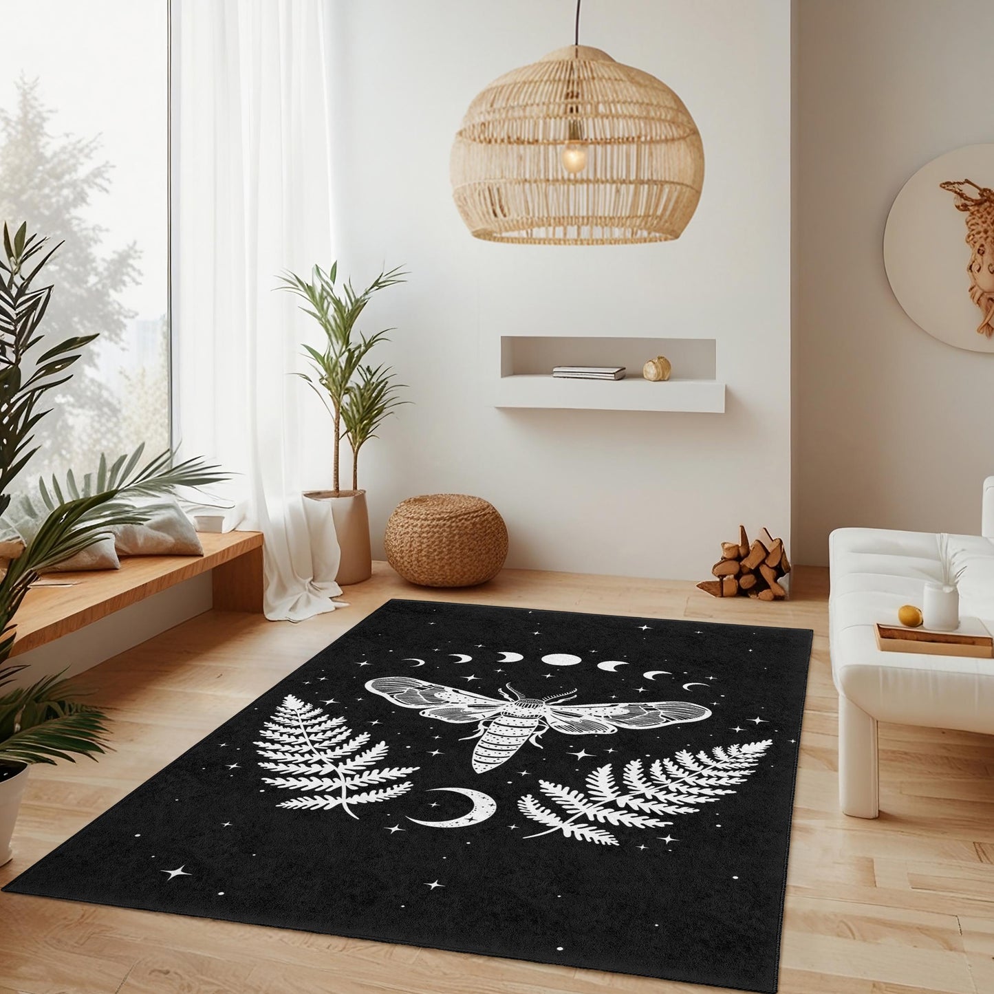 Mystical Moth and Fern Rectangle Area Rug, Bohemian Black and White Rug, Dark Decor Rug for Living Room, Unique Home Decoration