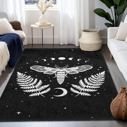 Mystical Moth and Fern Rectangle Area Rug, Bohemian Black and White Rug, Dark Decor Rug for Living Room, Unique Home Decoration