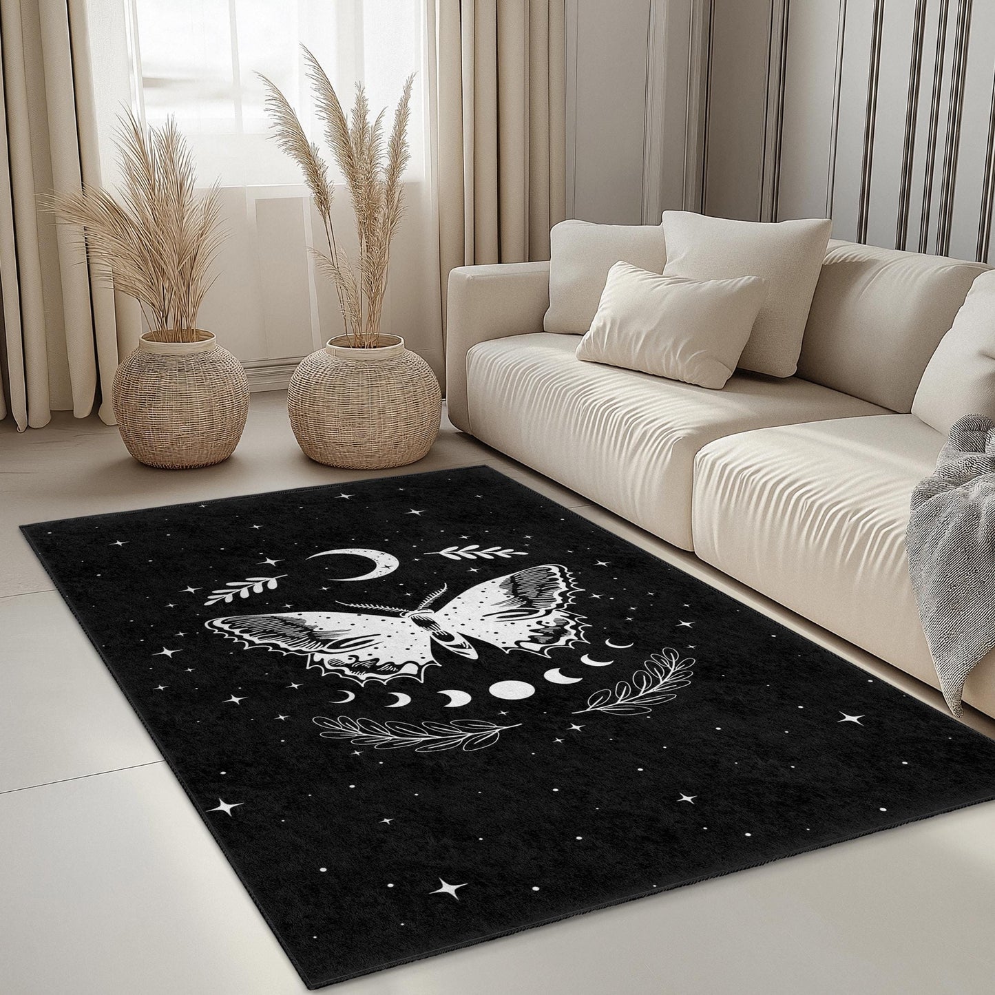 Moon and Butterfly Rectangle Rug, Black and White Cosmic Carpet, Bohemian Home Decor, Stylish Living Room Rug, Unique Butterfly Design