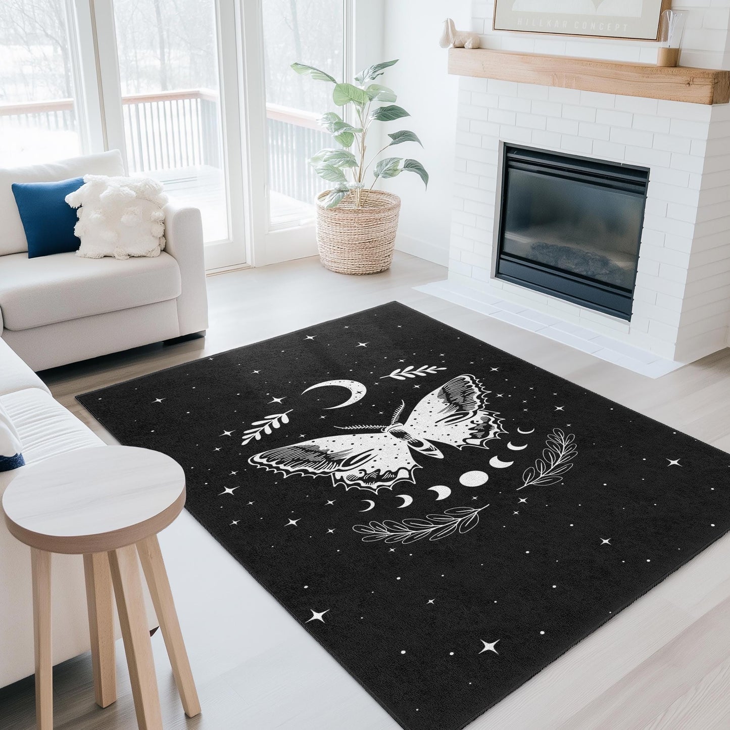 Moon and Butterfly Rectangle Rug, Black and White Cosmic Carpet, Bohemian Home Decor, Stylish Living Room Rug, Unique Butterfly Design