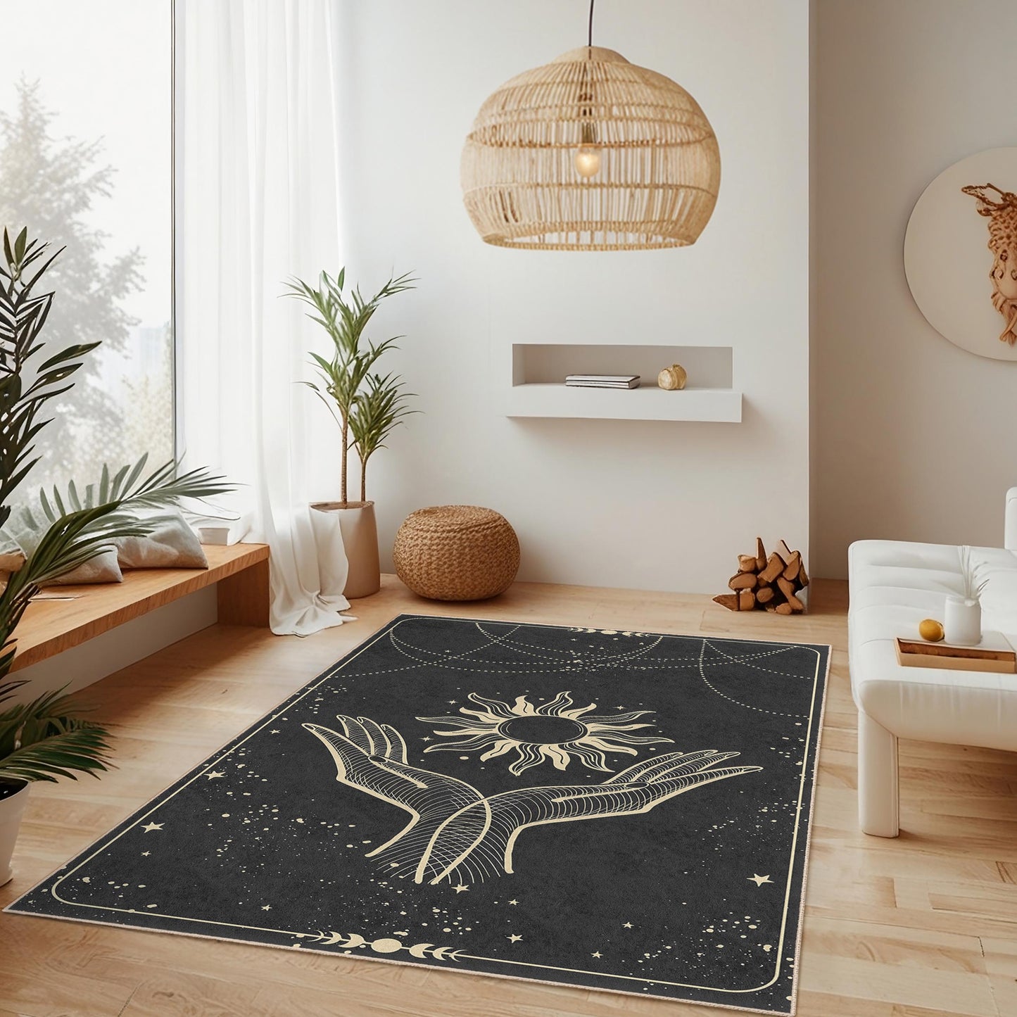 Sun and Hands Abstract Rectangular Rug, Bohemian Style Carpet, Living Room Decor, Spiritual Home Rug, Unique Floor Mat