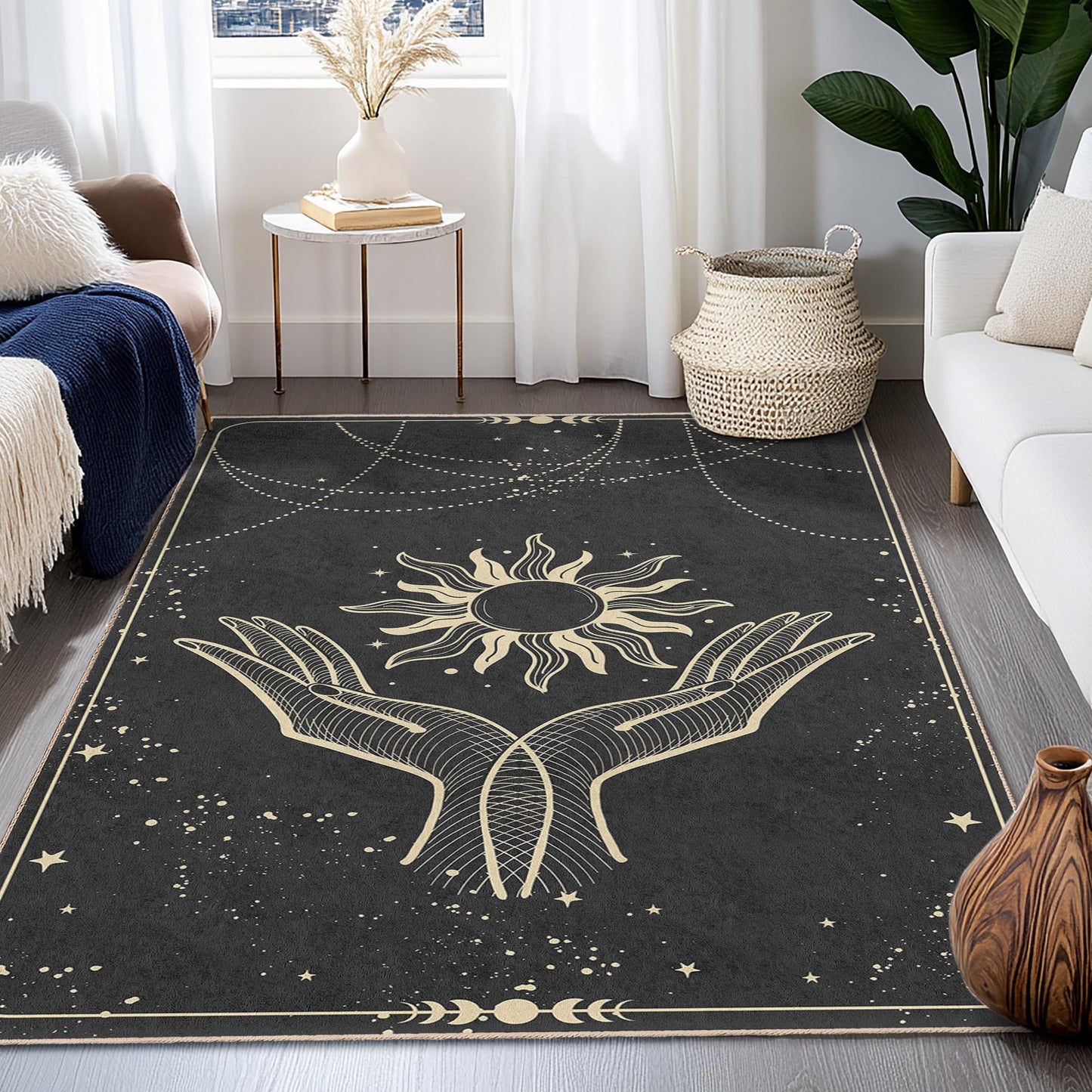 Sun and Hands Abstract Rectangular Rug, Bohemian Style Carpet, Living Room Decor, Spiritual Home Rug, Unique Floor Mat