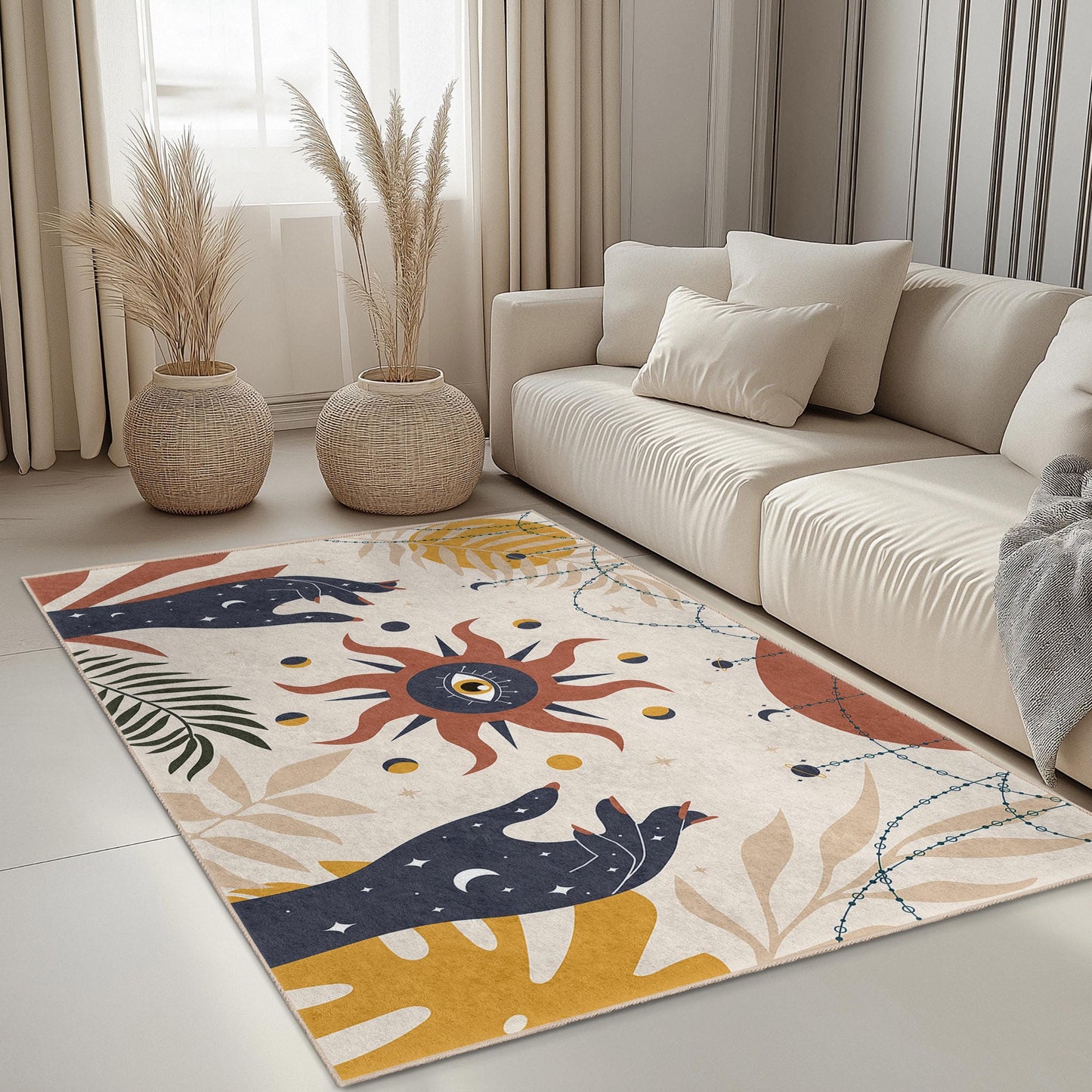 Bohemian Style Rectangle Rug, Modern Abstract Design Area Rug, Living Room Carpet, Unique Home Decor, Stylish Floor Mat