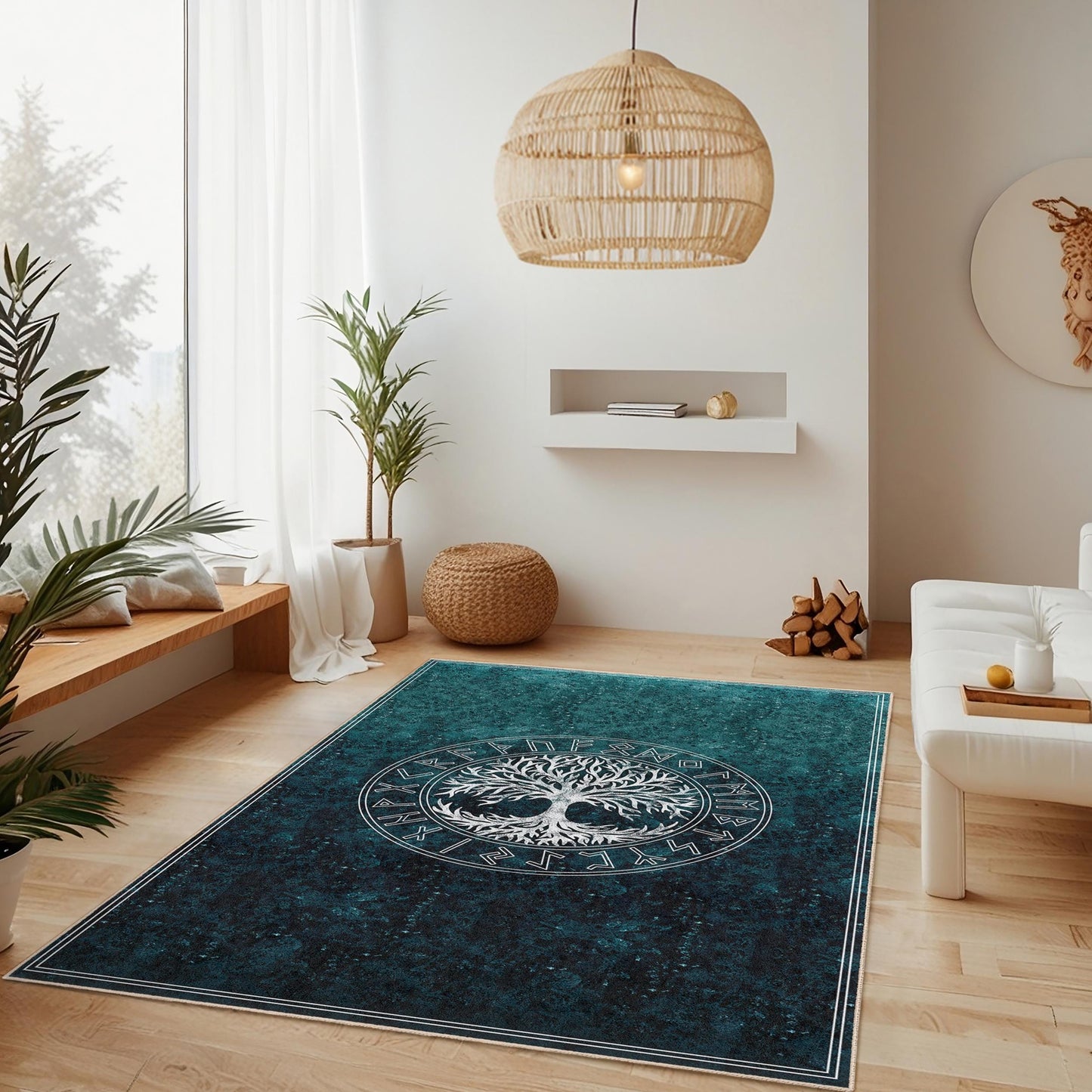Mystical Tree of Life Rectangular Area Rug, Nordic Style Living Room Carpet, Nature Inspired Home Decor, Unique Floor Mat
