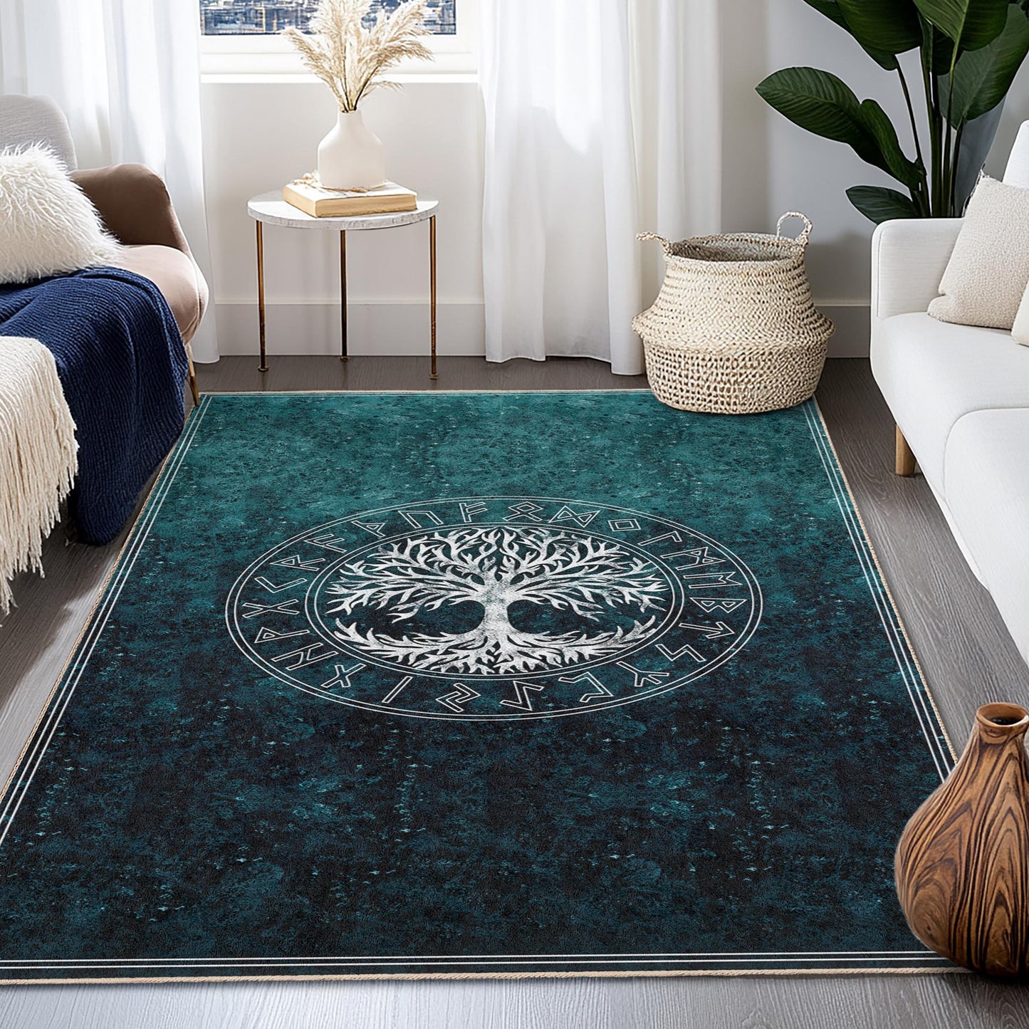 Mystical Tree of Life Rectangular Area Rug, Nordic Style Living Room Carpet, Nature Inspired Home Decor, Unique Floor Mat