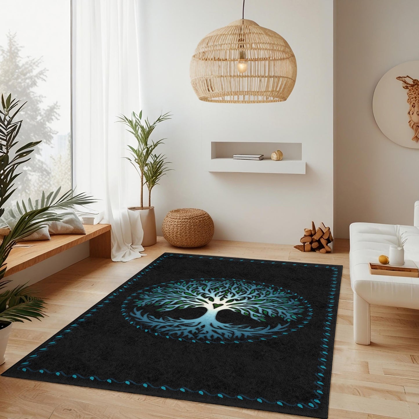 Tree of Life Rectangular Area Rug, Nature Inspired Home Decor, Living Room Carpet, Bohemian Style Rug, Forest Themed Rug