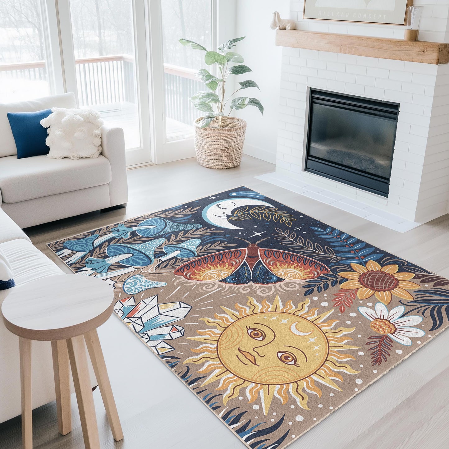 Enchanting Sun and Moon Rectangular Area Rug, Floral and Butterfly Design, Living Room Carpet, Bohemian Home Decor