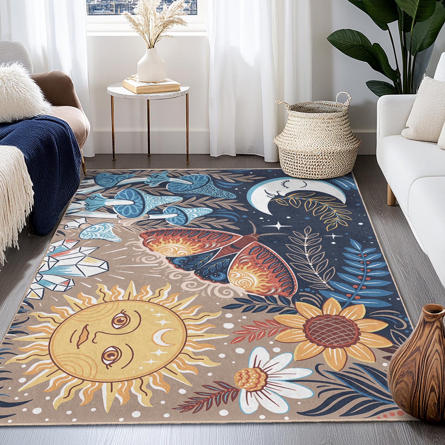 Enchanting Sun and Moon Rectangular Area Rug, Floral and Butterfly Design, Living Room Carpet, Bohemian Home Decor