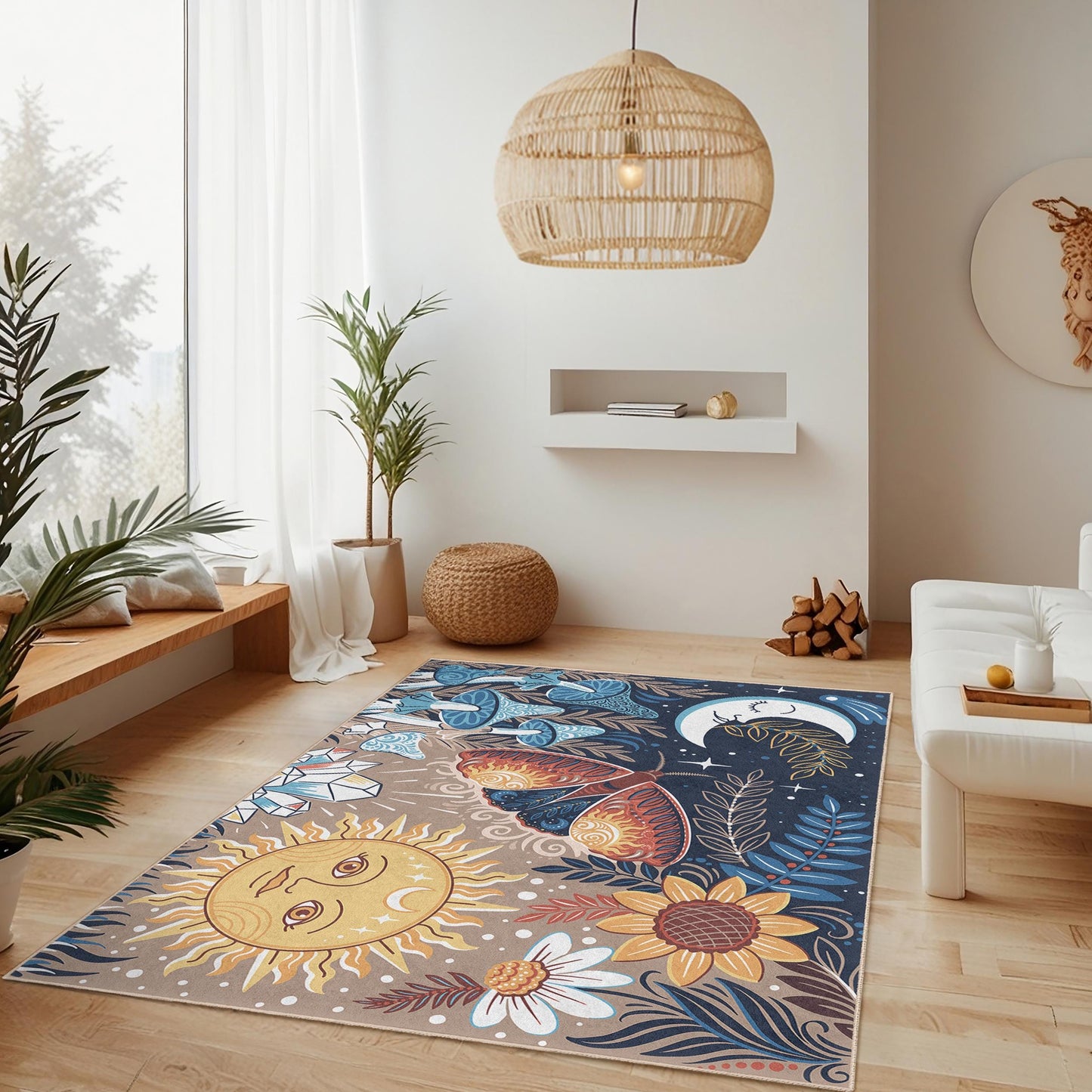 Enchanting Sun and Moon Rectangular Area Rug, Floral and Butterfly Design, Living Room Carpet, Bohemian Home Decor