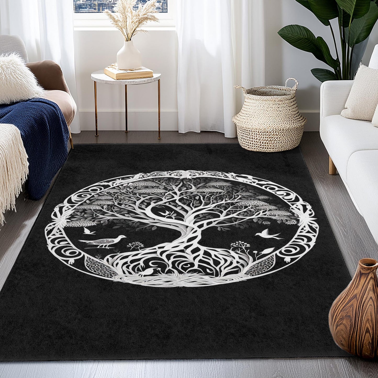 Elegant Tree of Life Round Area Rug, Black and White Nature Decor, Bohemian Round Carpet for Living Room, Unique Home Accent