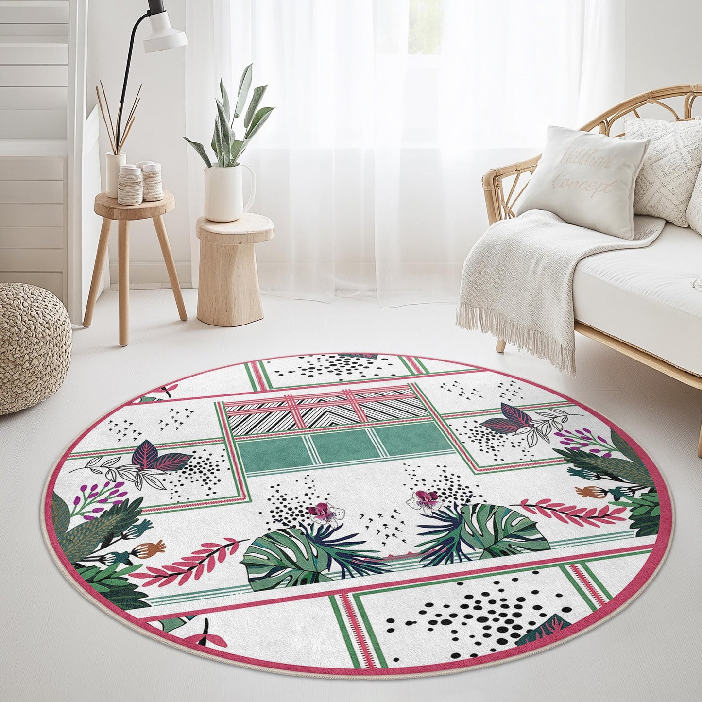 Vibrant Floral Round Area Rug, Boho Chic Round Rug, Stylish Round Carpet for Living Room, Bedroom, or Nursery Decor