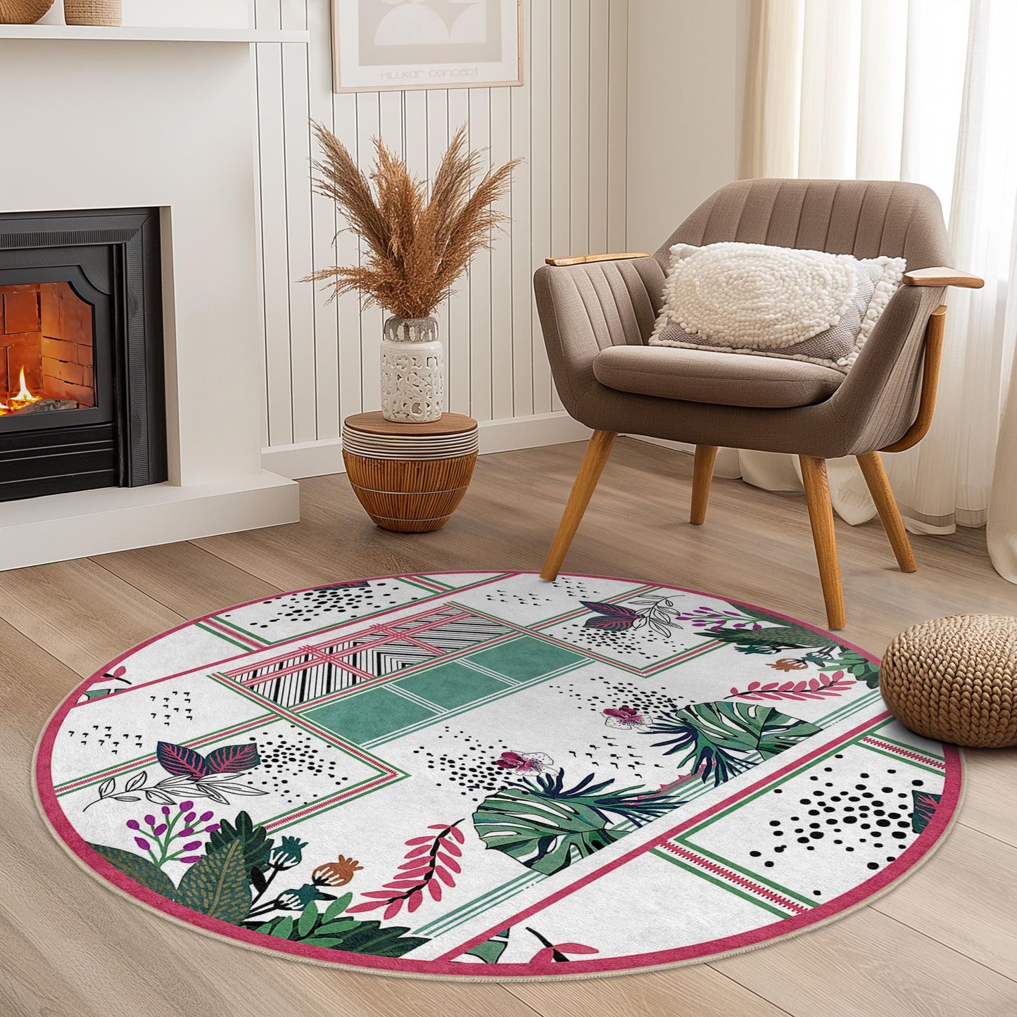 Vibrant Floral Round Area Rug, Boho Chic Round Rug, Stylish Round Carpet for Living Room, Bedroom, or Nursery Decor