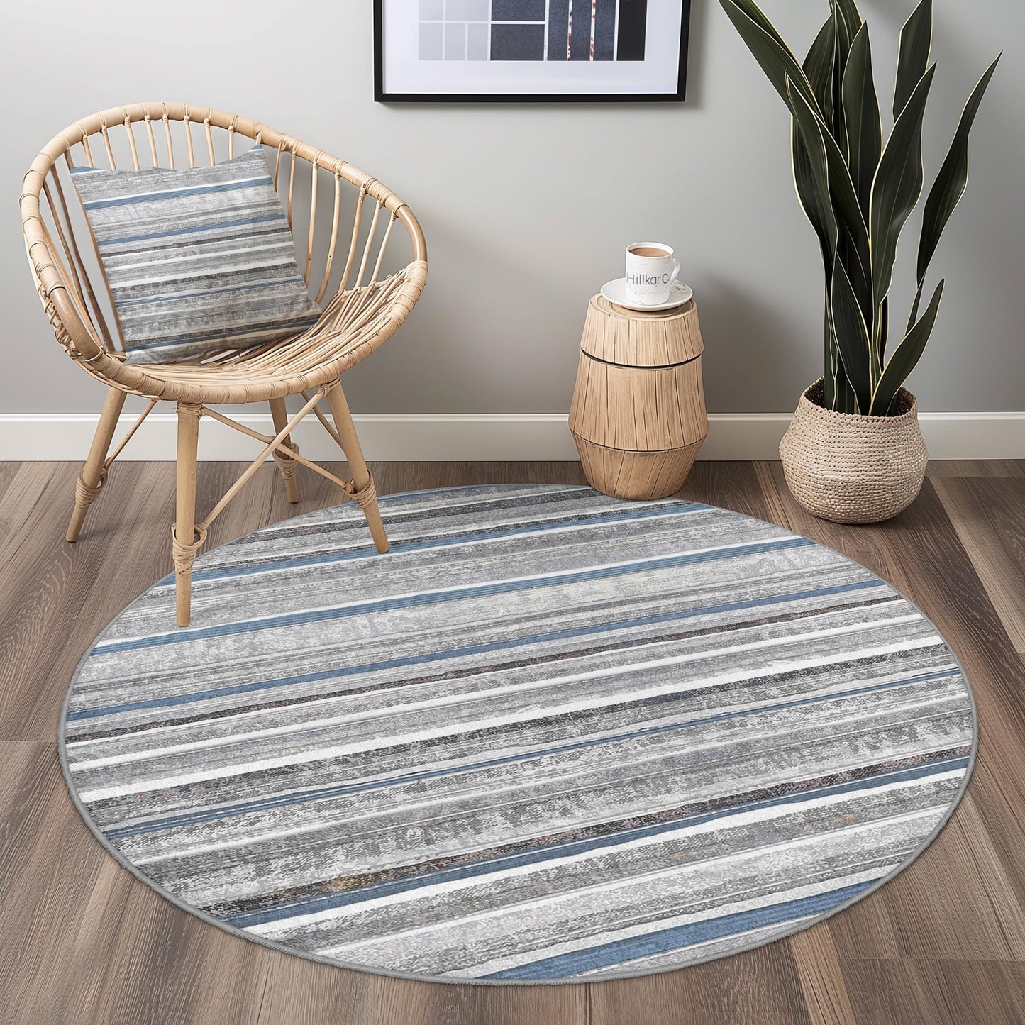 Stylish Round Striped Area Rug, Modern Gray and Blue Circle Rug, Living Room Decor, Soft Round Carpet for Home