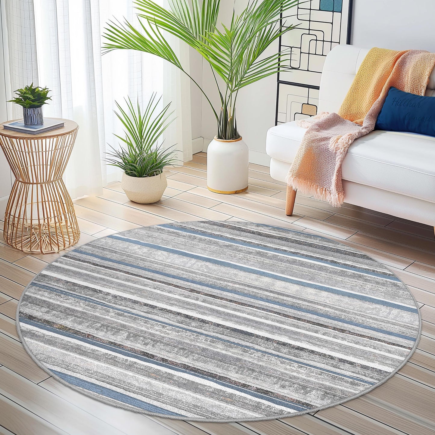 Stylish Round Striped Area Rug, Modern Gray and Blue Circle Rug, Living Room Decor, Soft Round Carpet for Home
