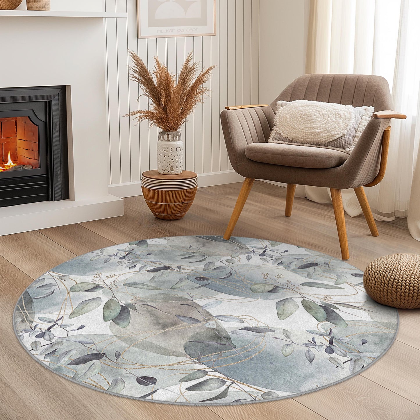 Elegant Round Leaf Pattern Area Rug, Soft Floral Round Carpet, Living Room Decor, Modern Round Rug, Home Accent Floor Covering