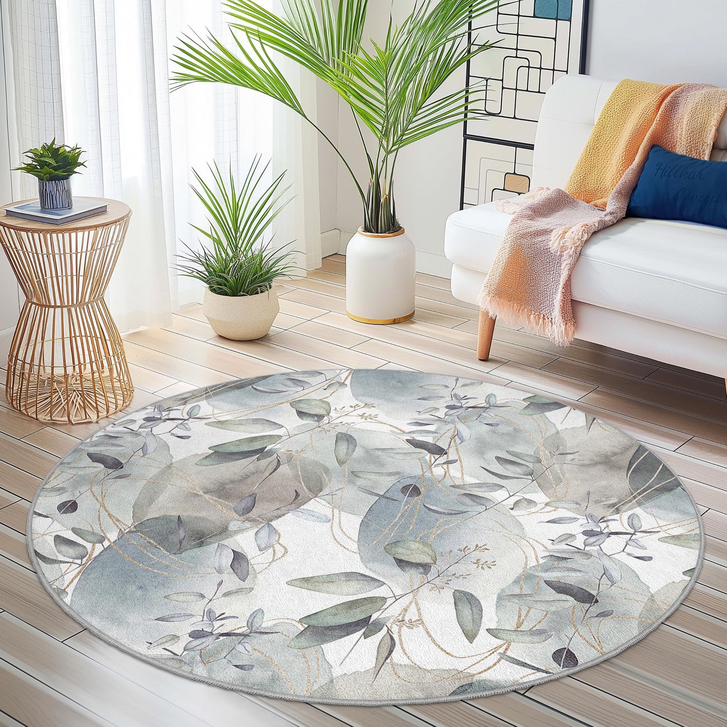 Elegant Round Leaf Pattern Area Rug, Soft Floral Round Carpet, Living Room Decor, Modern Round Rug, Home Accent Floor Covering