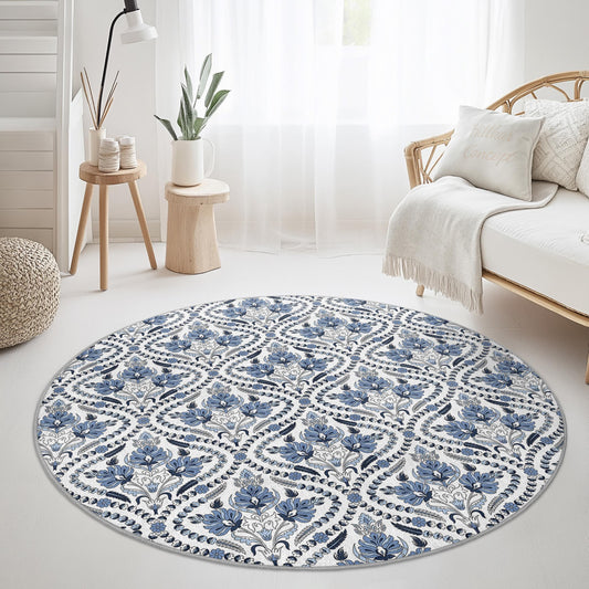 Elegant Floral Round Area Rug, Blue and White Round Carpet, Living Room Decor, Vintage Style Round Rug, Soft Round Floor Mat