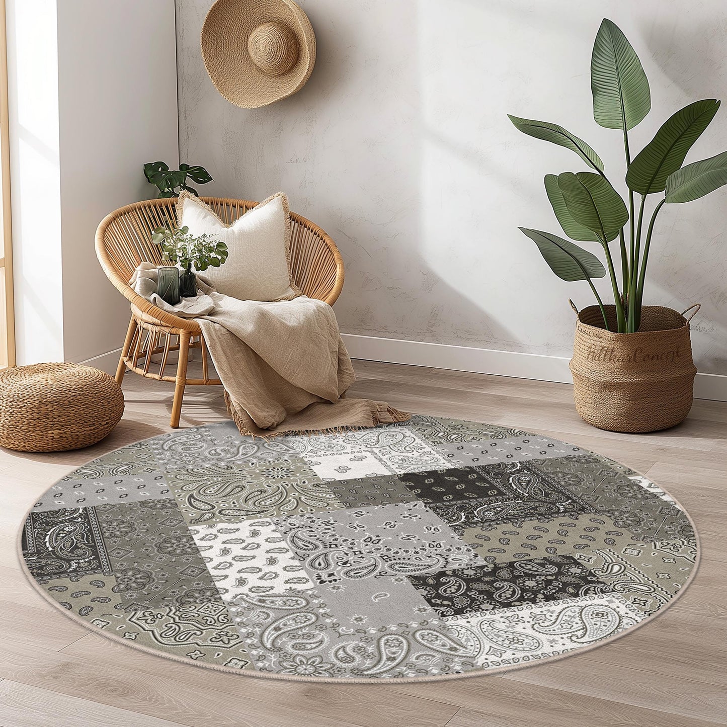 Chic Grey Bandana Print Round Area Rug, Stylish Round Carpet for Living Room, Bohemian Round Rug, Soft Decorative Floor Mat