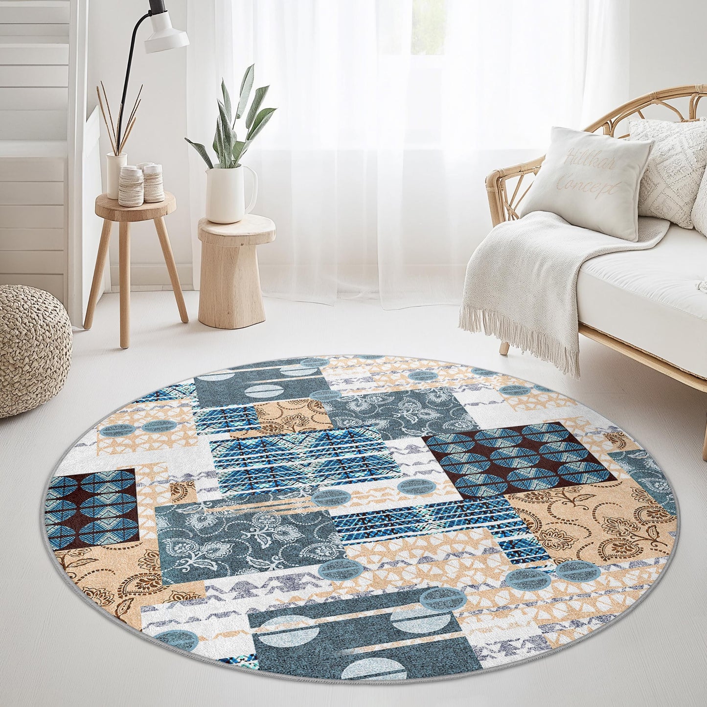 Geometric Pattern Round Area Rug, Modern Circular Carpet, Living Room Decor, Soft Round Rug, Boho Style Home Accessory