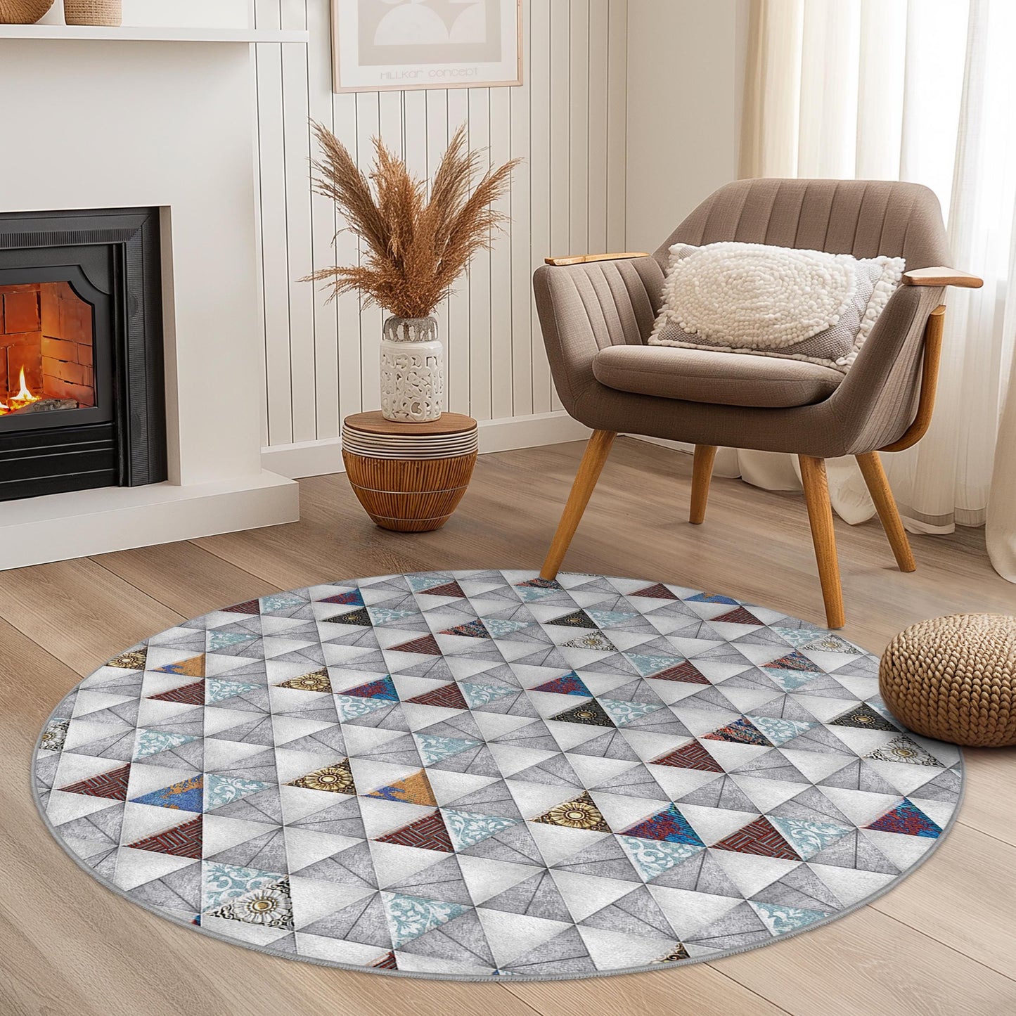 Geometric Triangle Pattern Round Area Rug, Modern Round Carpet, Stylish Circle Rug for Living Room, Bedroom, or Office Decor