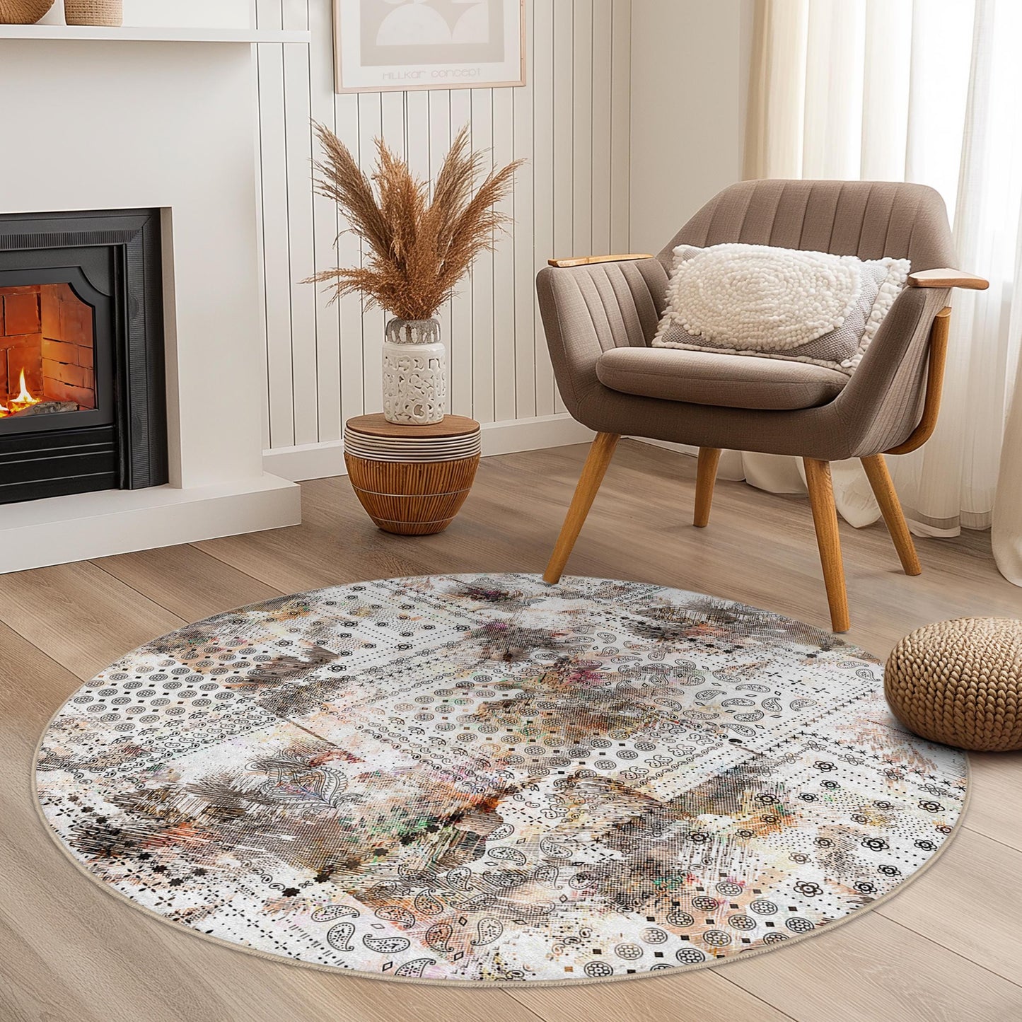 Floral Pattern Round Area Rug, Boho Chic Round Rug, Living Room Decor, Soft Floral Carpet for Home, Modern Round Rug for Any Room