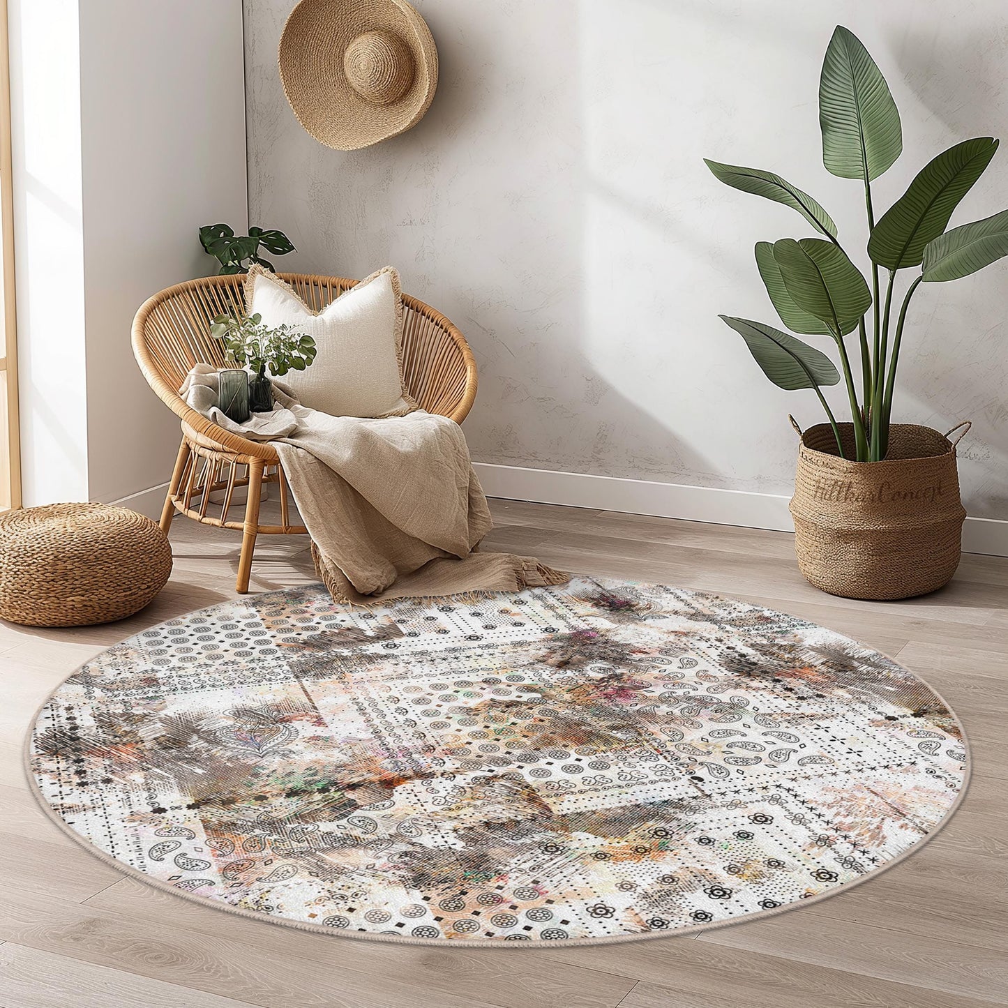 Floral Pattern Round Area Rug, Boho Chic Round Rug, Living Room Decor, Soft Floral Carpet for Home, Modern Round Rug for Any Room