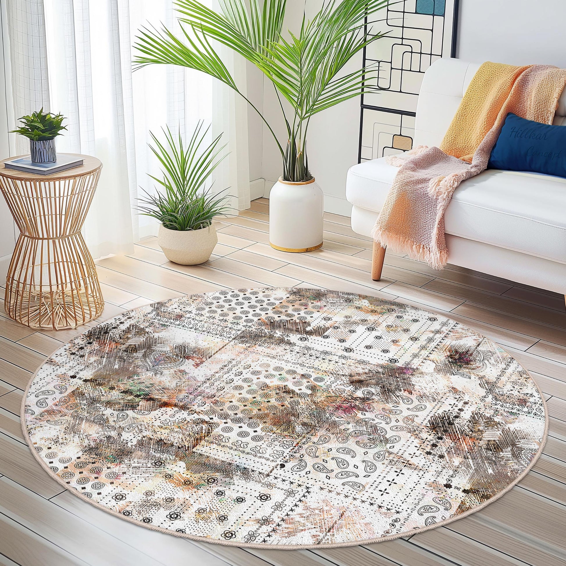 Floral Pattern Round Area Rug, Boho Chic Round Rug, Living Room Decor, Soft Floral Carpet for Home, Modern Round Rug for Any Room