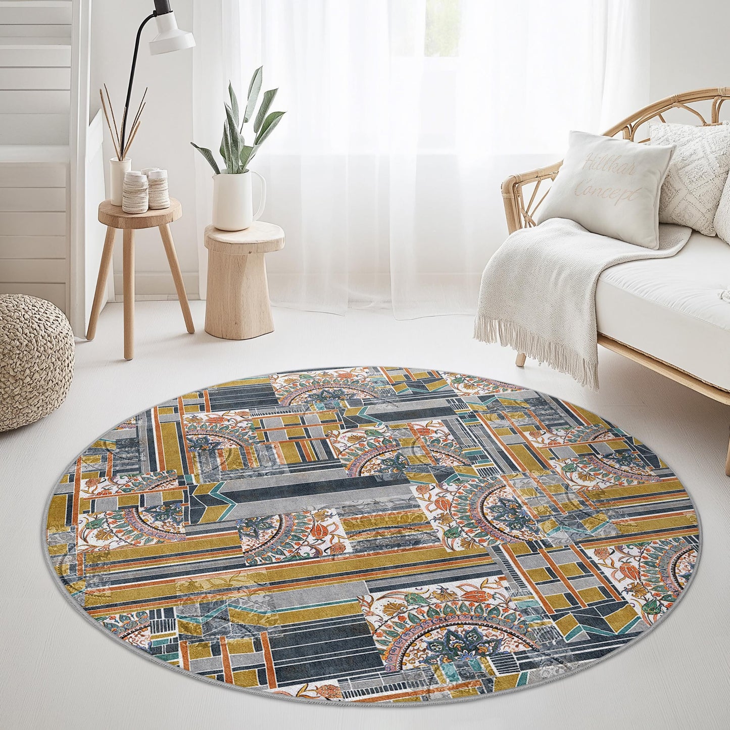 Geometric Pattern Round Area Rug, Modern Round Carpet for Living Room, Stylish Round Floor Mat, Unique Home Decor