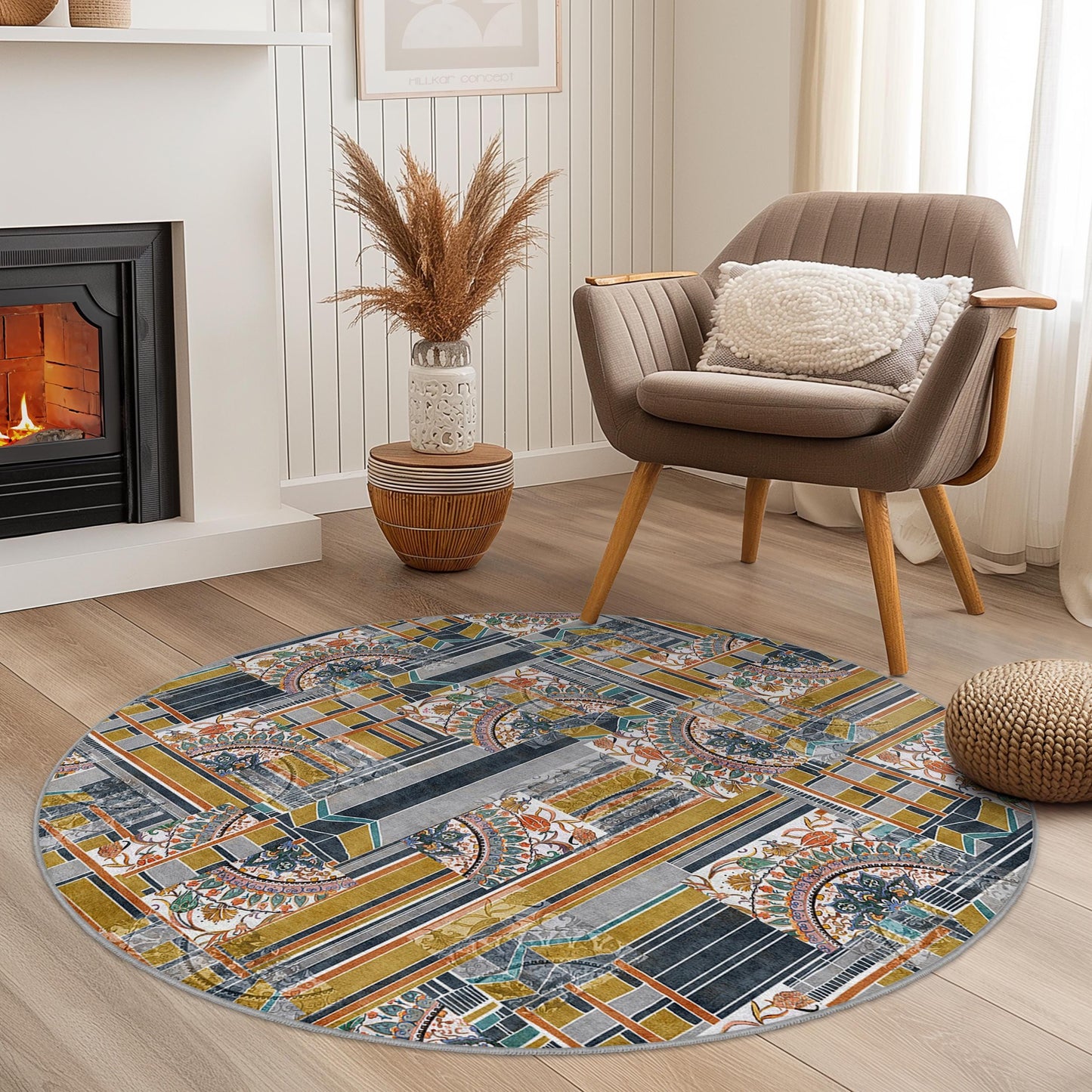 Geometric Pattern Round Area Rug, Modern Round Carpet for Living Room, Stylish Round Floor Mat, Unique Home Decor