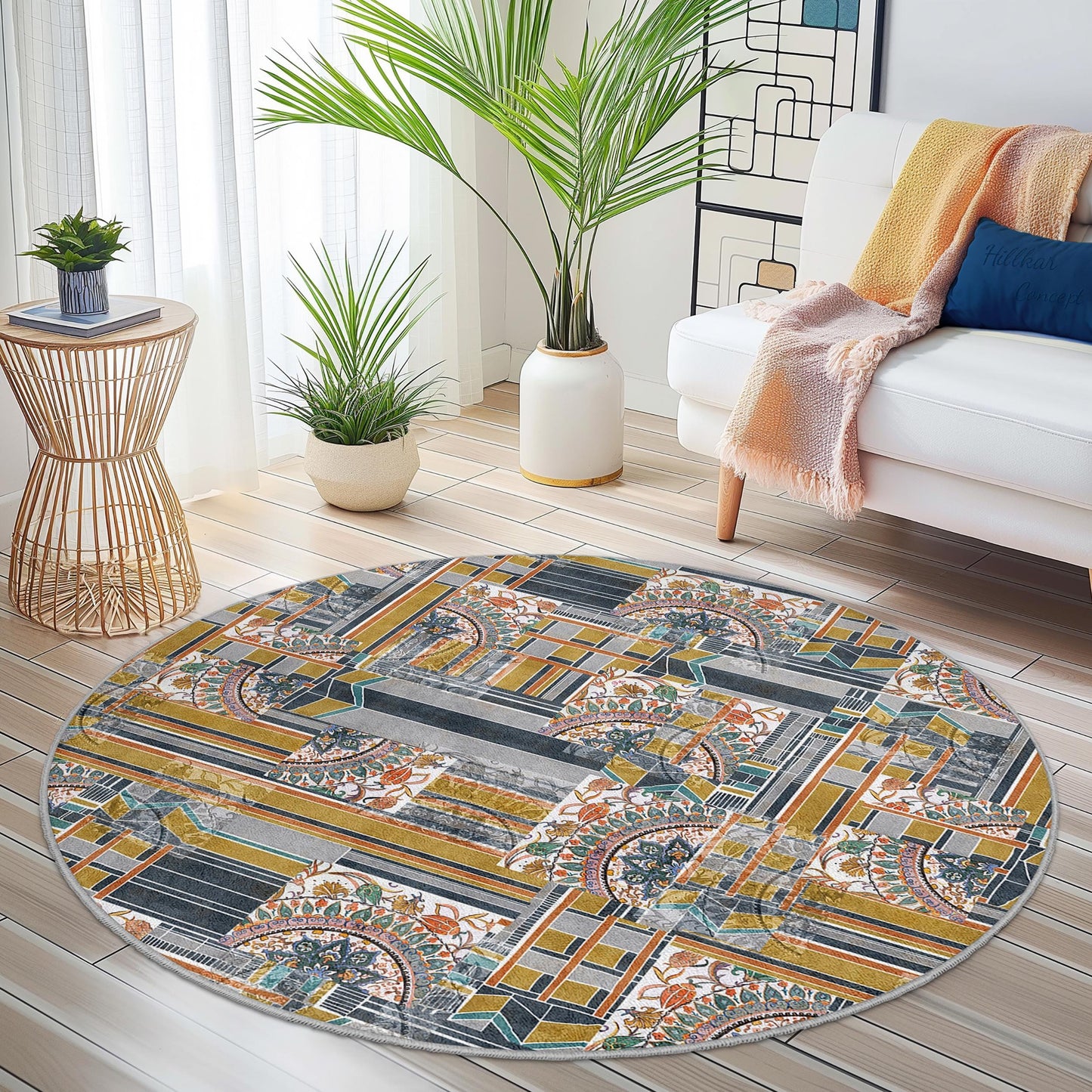 Geometric Pattern Round Area Rug, Modern Round Carpet for Living Room, Stylish Round Floor Mat, Unique Home Decor