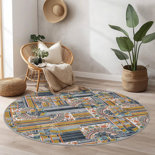 Geometric Pattern Round Area Rug, Modern Round Carpet for Living Room, Stylish Round Floor Mat, Unique Home Decor
