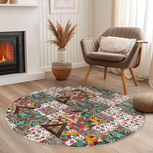 Colorful Geometric Round Area Rug, Vibrant Patterned Circle Carpet for Living Room, Bohemian Decor, Soft Round Rug for Home