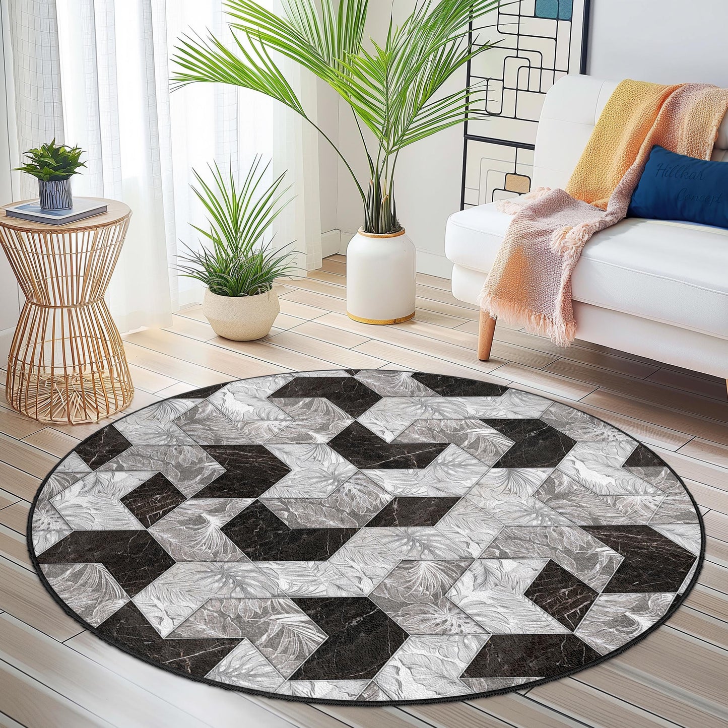 Geometric Pattern Round Area Rug, Modern Black and White Round Rug, Stylish Living Room Decor, Contemporary Round Carpet