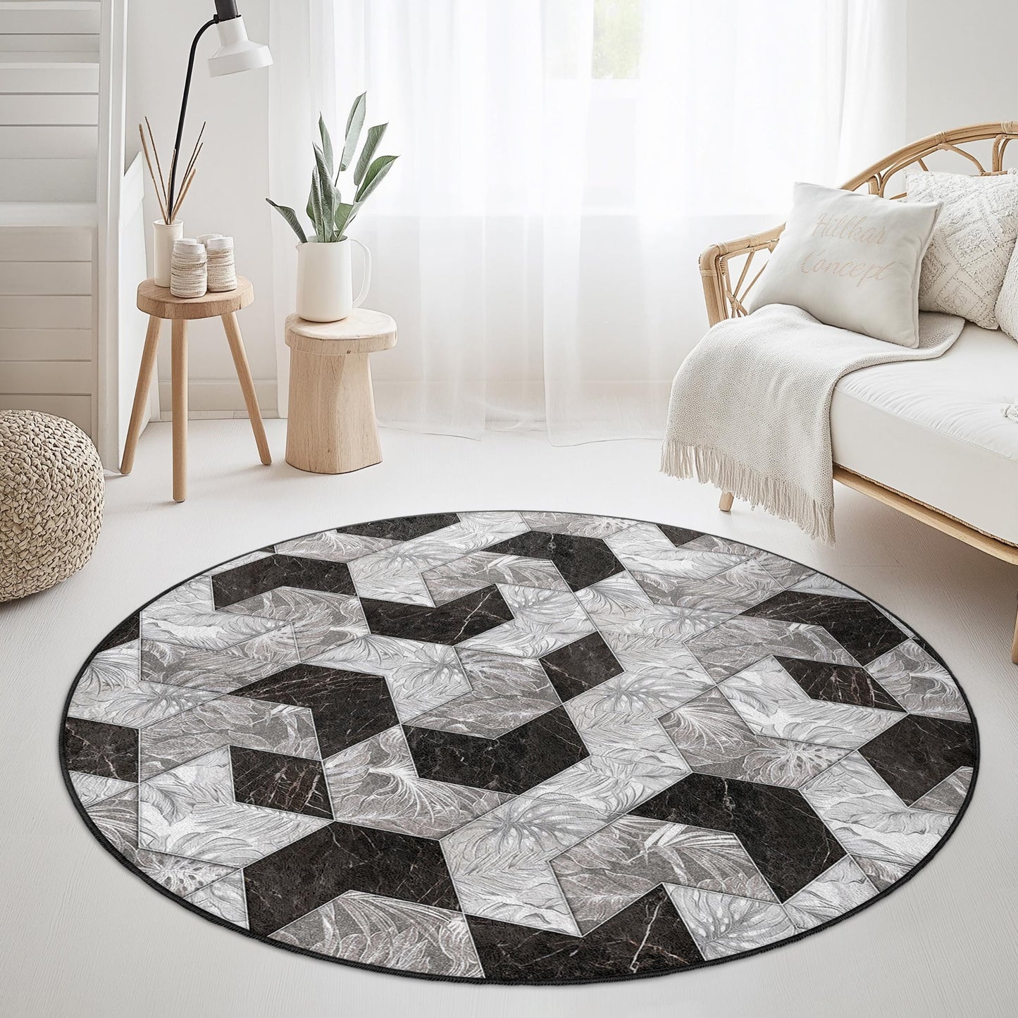 Geometric Pattern Round Area Rug, Modern Black and White Round Rug, Stylish Living Room Decor, Contemporary Round Carpet
