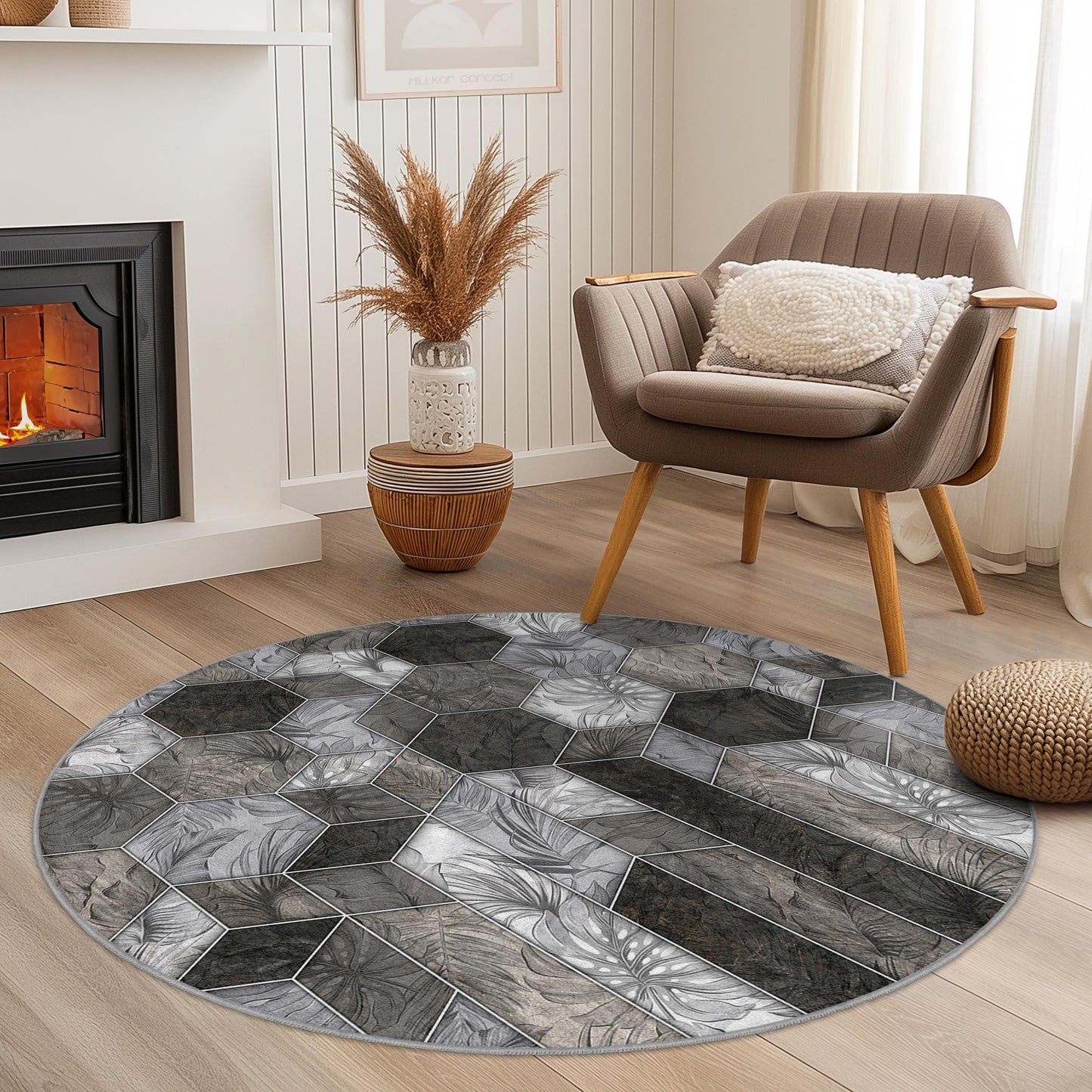 Elegant Round Geometric Pattern Area Rug, Modern Round Carpet for Living Room, Stylish Round Decorative Rug