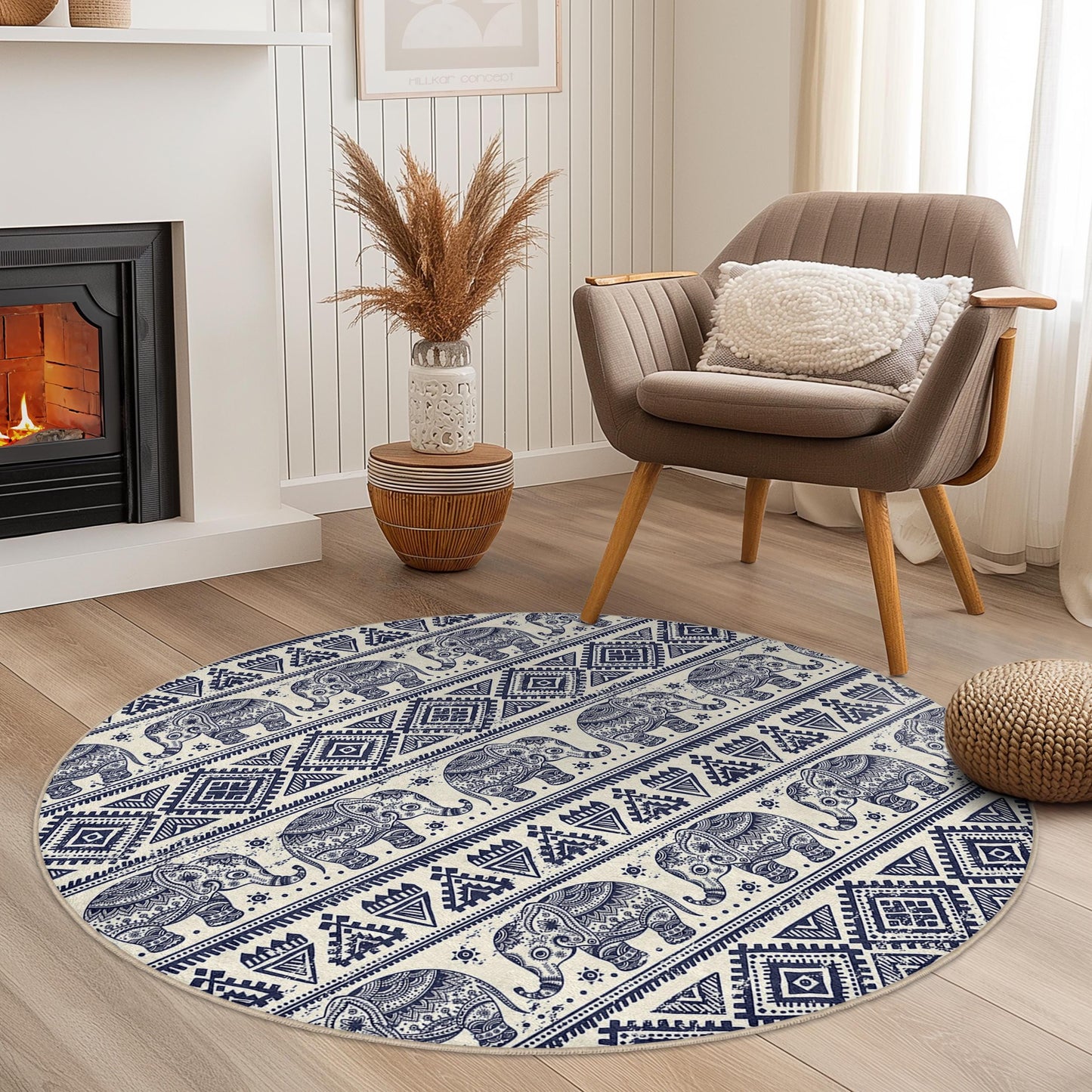 Navy Blue Elephant Pattern Round Area Rug, Bohemian Elephant Rug, Soft Round Carpet for Living Room, Nursery Decor, Tribal Style Rug