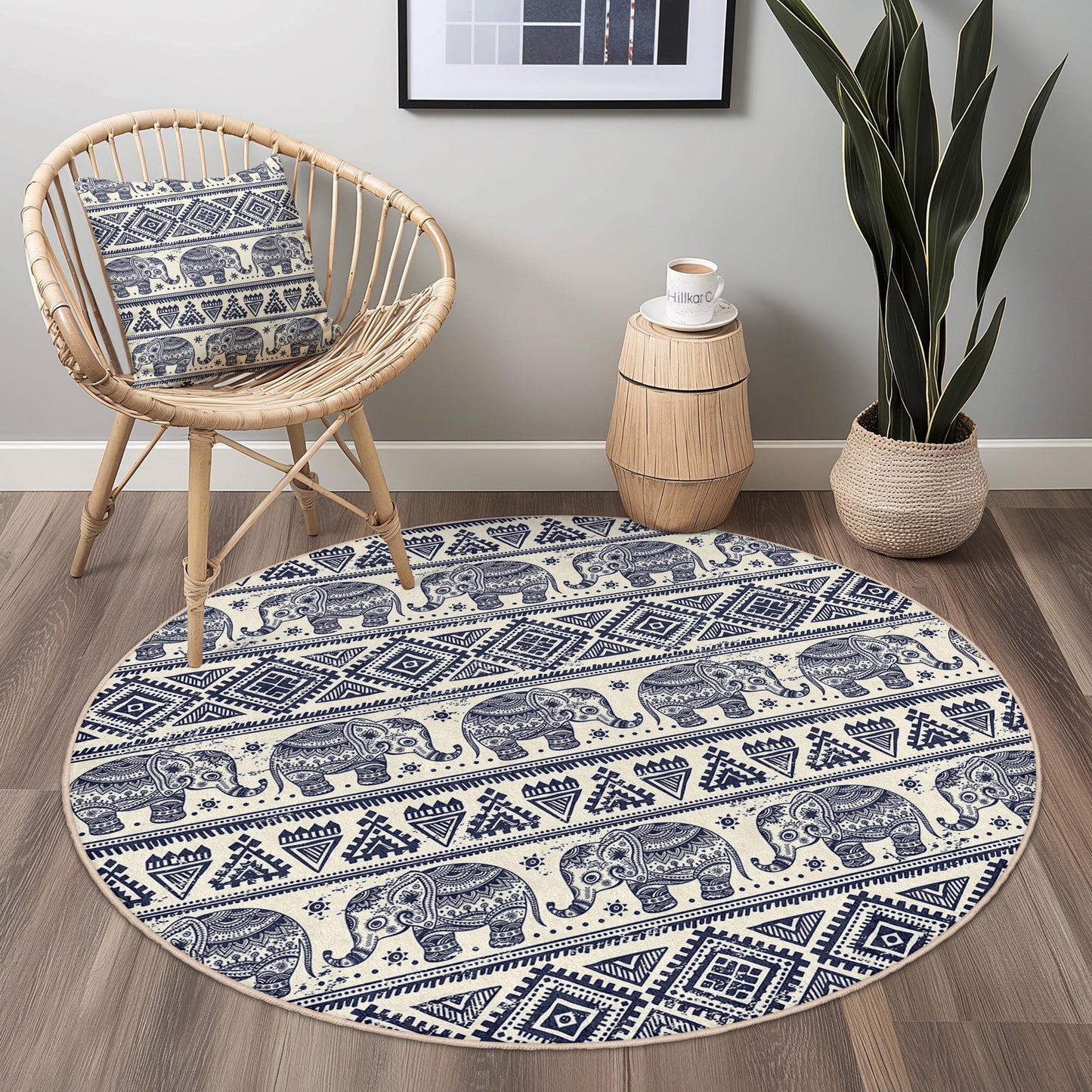 Navy Blue Elephant Pattern Round Area Rug, Bohemian Elephant Rug, Soft Round Carpet for Living Room, Nursery Decor, Tribal Style Rug