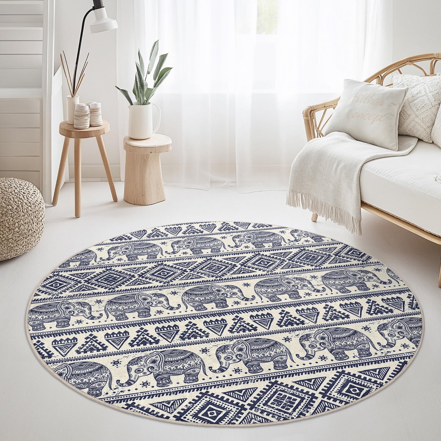 Navy Blue Elephant Pattern Round Area Rug, Bohemian Elephant Rug, Soft Round Carpet for Living Room, Nursery Decor, Tribal Style Rug