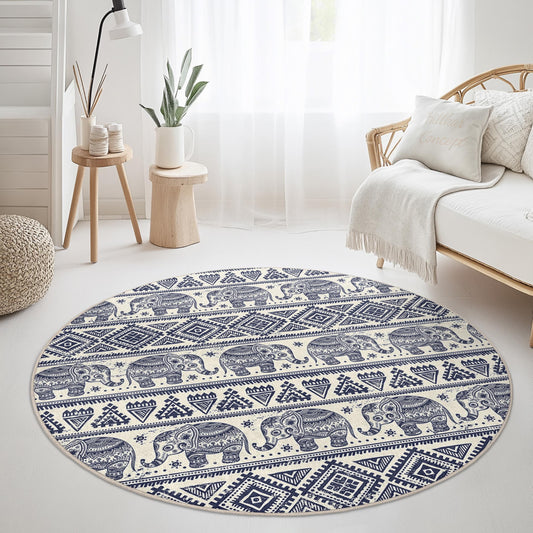 Navy Blue Elephant Pattern Round Area Rug, Bohemian Elephant Rug, Soft Round Carpet for Living Room, Nursery Decor, Tribal Style Rug
